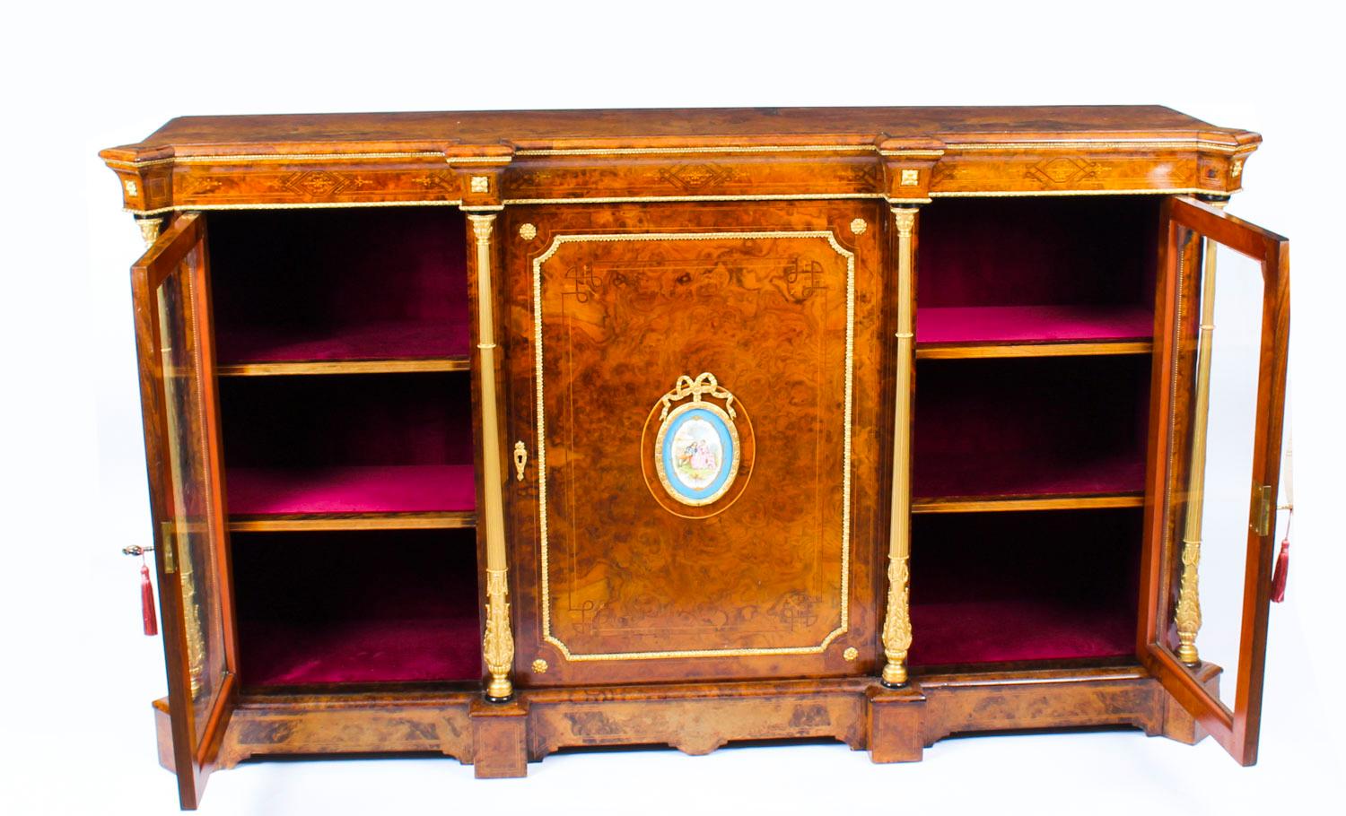 Antique Victorian Burr Walnut Sevres Plaque Credenza Side Cabinet, 19th Century 10