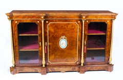 Antique Victorian Burr Walnut Sevres Plaque Credenza Side Cabinet, 19th Century