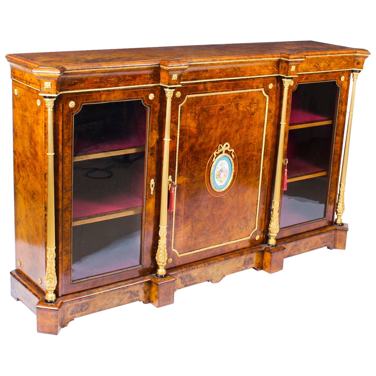 Antique Victorian Burr Walnut Sevres Plaque Credenza Side Cabinet, 19th Century