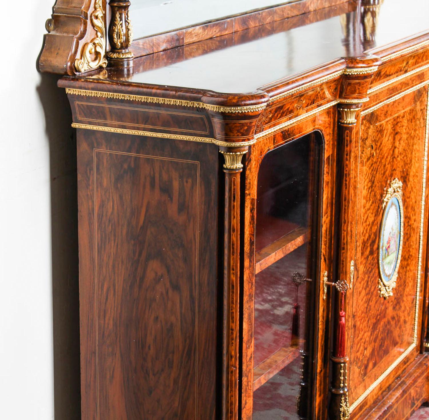 Victorian Burr Walnut Sevres Plaque Mirror Back Credenza Cabinet, 19th Century For Sale 11
