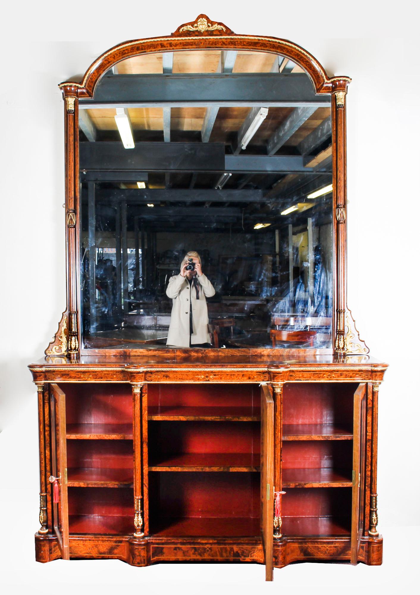Victorian Burr Walnut Sevres Plaque Mirror Back Credenza Cabinet, 19th Century For Sale 13