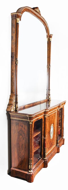 Victorian Burr Walnut Sevres Plaque Mirror Back Credenza Cabinet, 19th Century