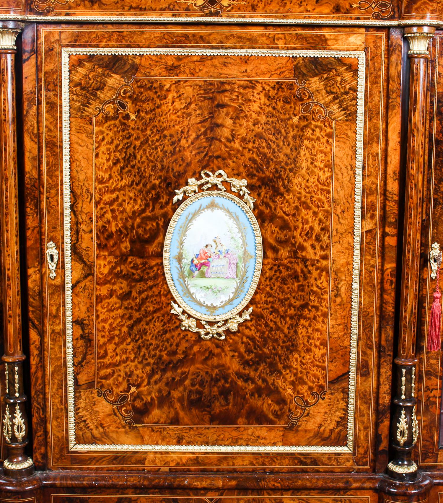 Victorian Burr Walnut Sevres Plaque Mirror Back Credenza Cabinet, 19th Century In Good Condition For Sale In London, GB