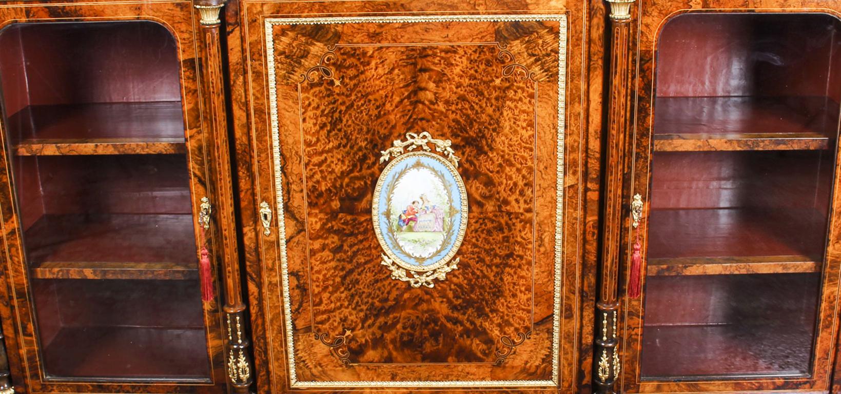 Mid-19th Century Victorian Burr Walnut Sevres Plaque Mirror Back Credenza Cabinet, 19th Century For Sale