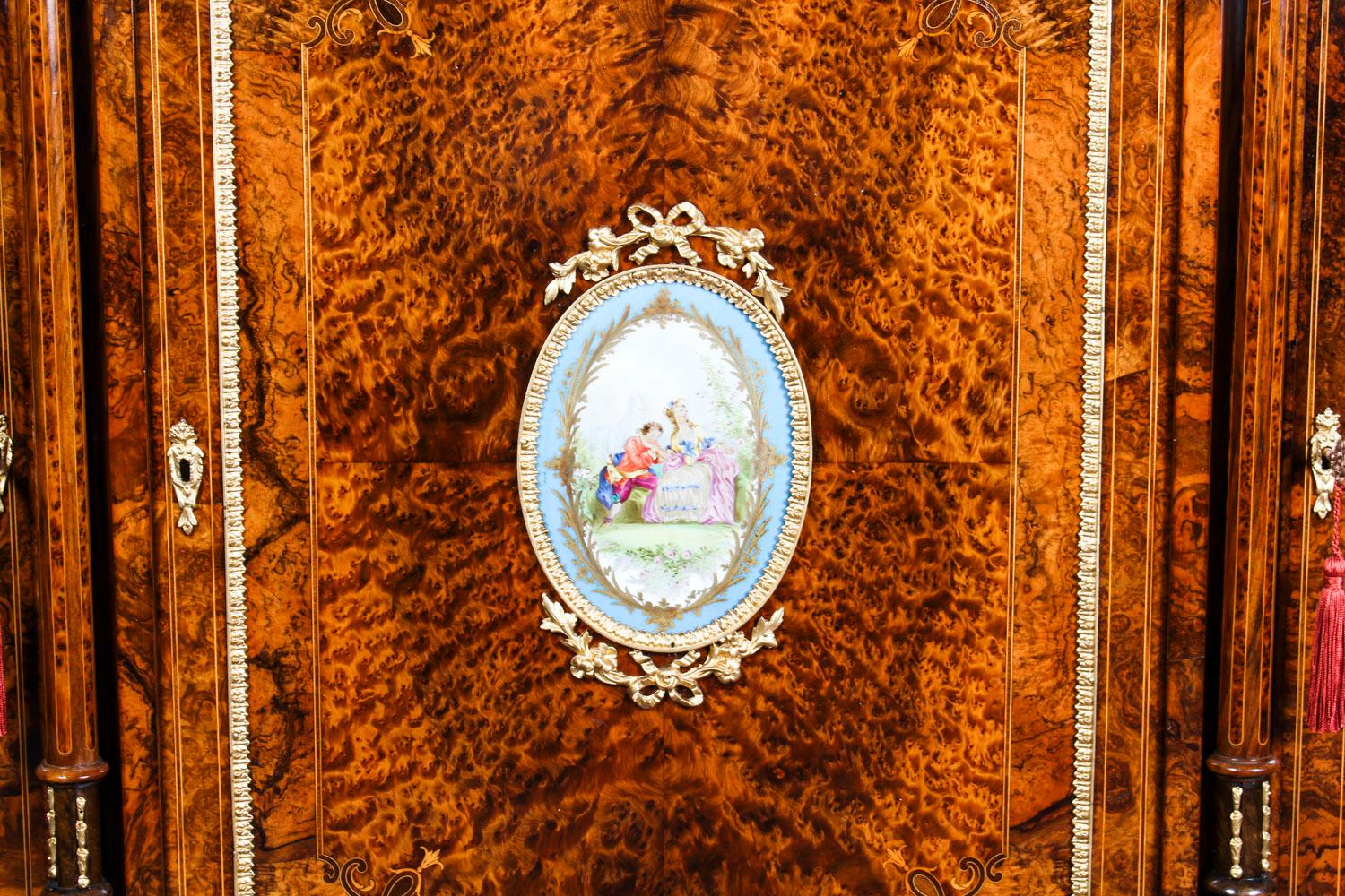 Porcelain Victorian Burr Walnut Sevres Plaque Mirror Back Credenza Cabinet, 19th Century For Sale