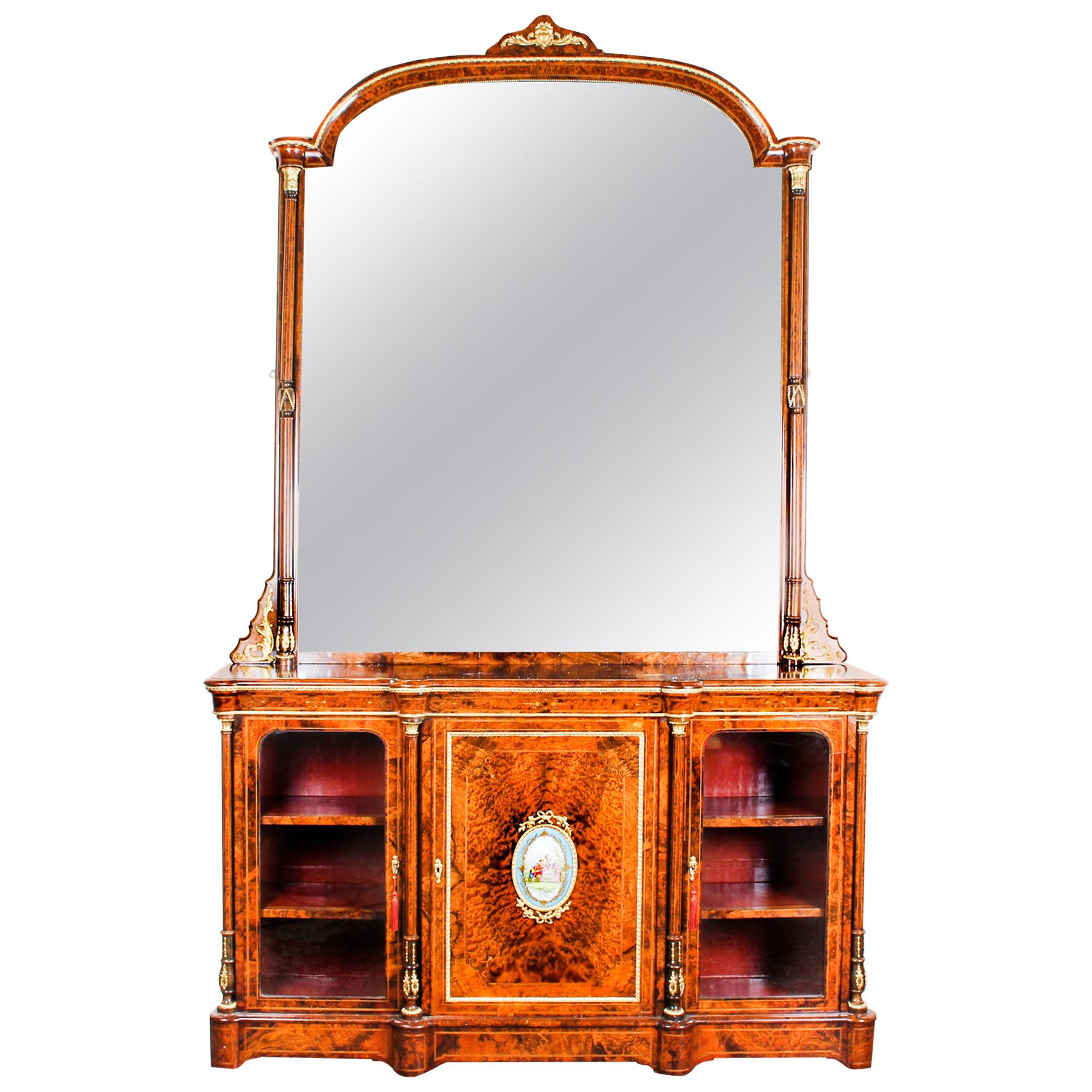 Victorian Burr Walnut Sevres Plaque Mirror Back Credenza Cabinet, 19th Century For Sale