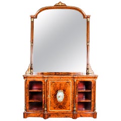Antique Victorian Burr Walnut Sevres Plaque Mirror Back Credenza Cabinet, 19th Century