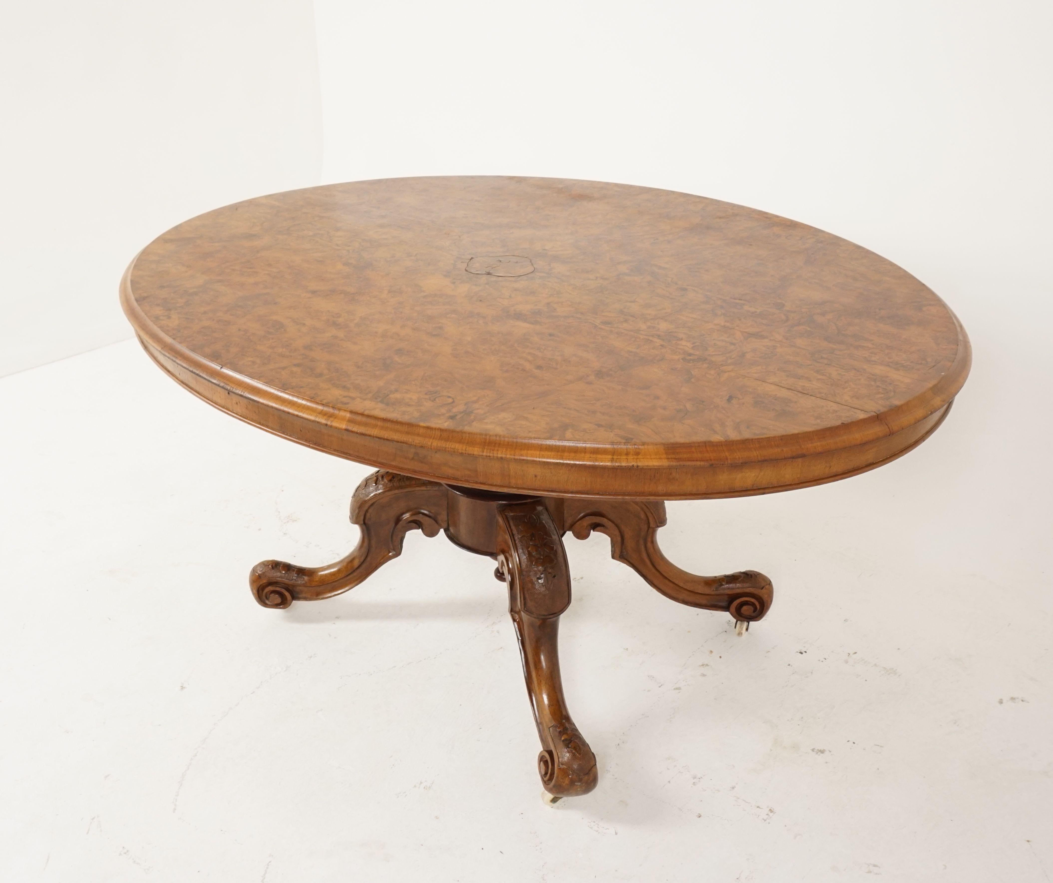 Antique Victorian burr walnut snap top loo table dining table, Scotland 1880, H121
Scotland, 1880
Solid walnut and burr walnut veneer
Original finish
tabletop has a moulded edge with a wonderful burr walnut top
tabletop is supported by a lovely