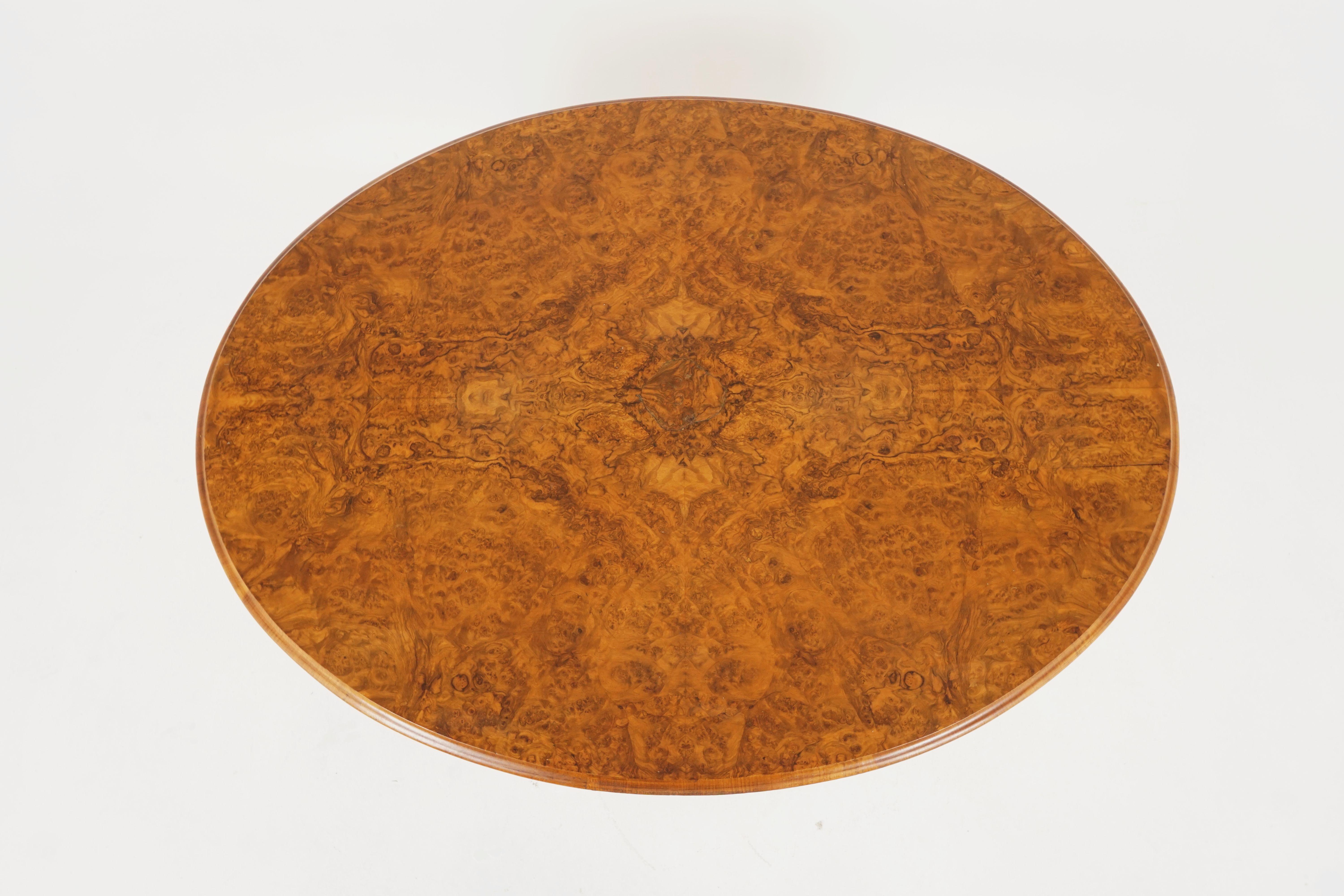 Hand-Crafted Antique Victorian Burr Walnut Snap Top Loo Dining Table, Scotland 1880, H121