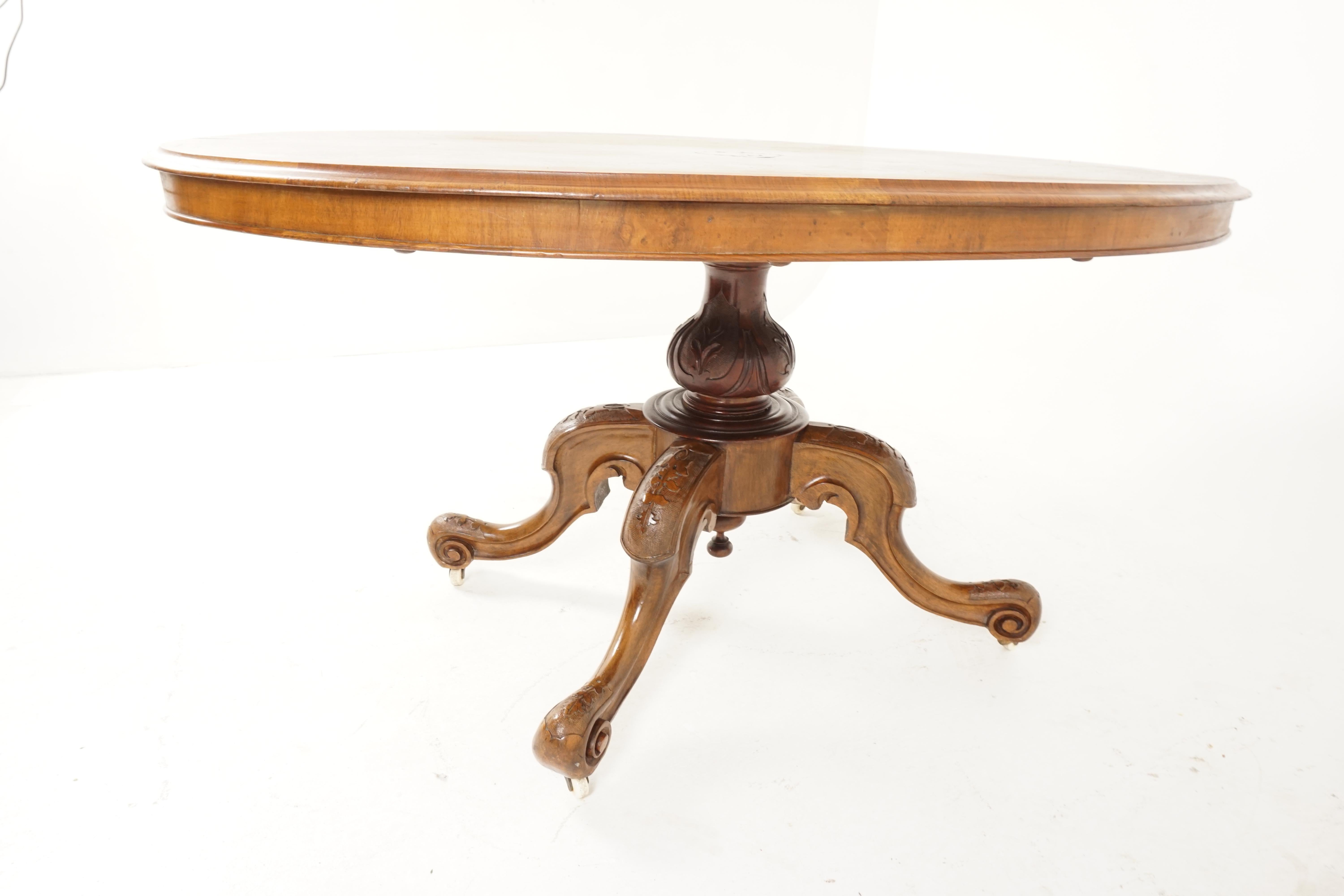 Antique Victorian Burr Walnut Snap Top Loo Dining Table, Scotland 1880, H121 In Good Condition In Vancouver, BC