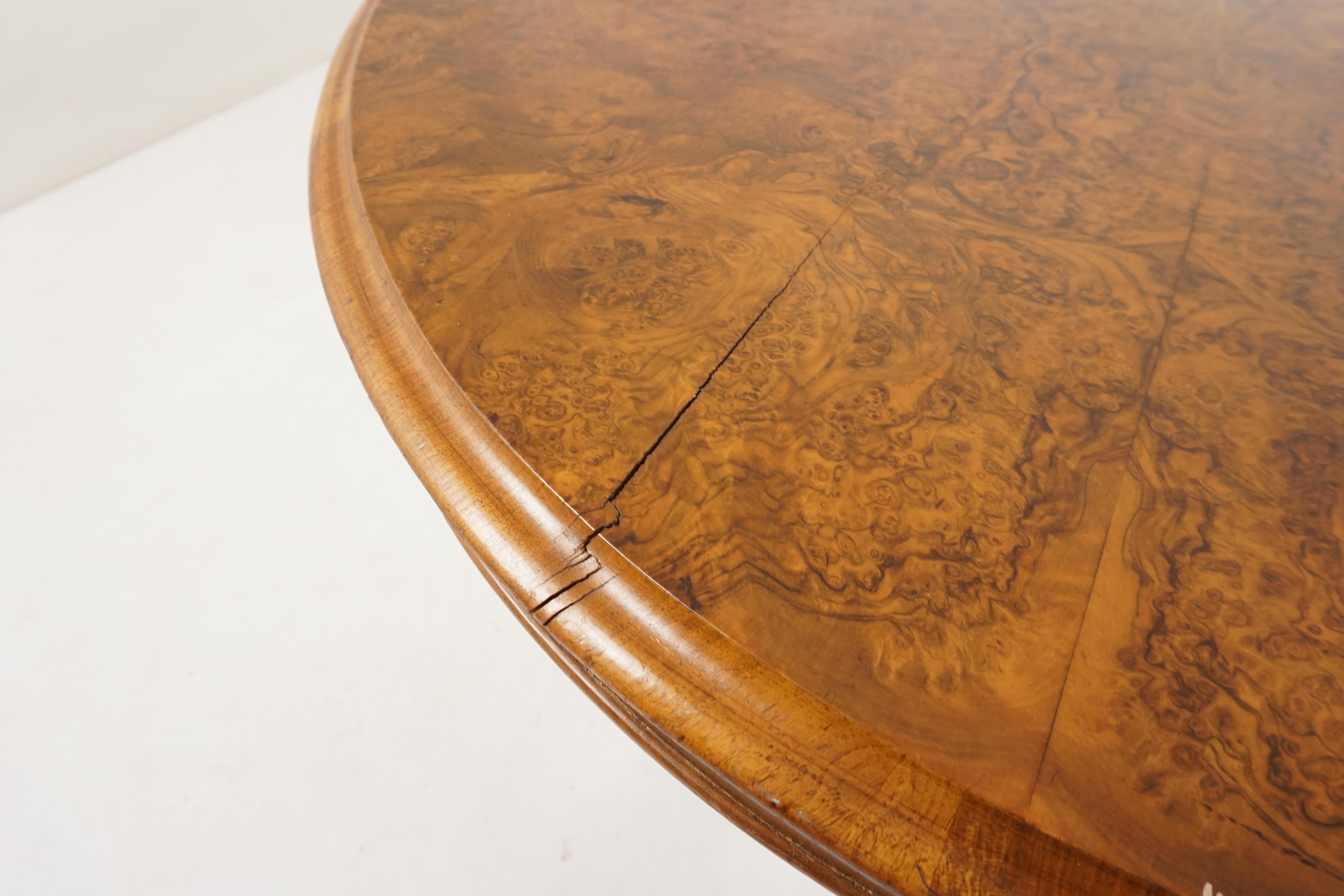 Antique Victorian Burr Walnut Snap Top Loo Dining Table, Scotland 1880, H121 In Good Condition In Vancouver, BC