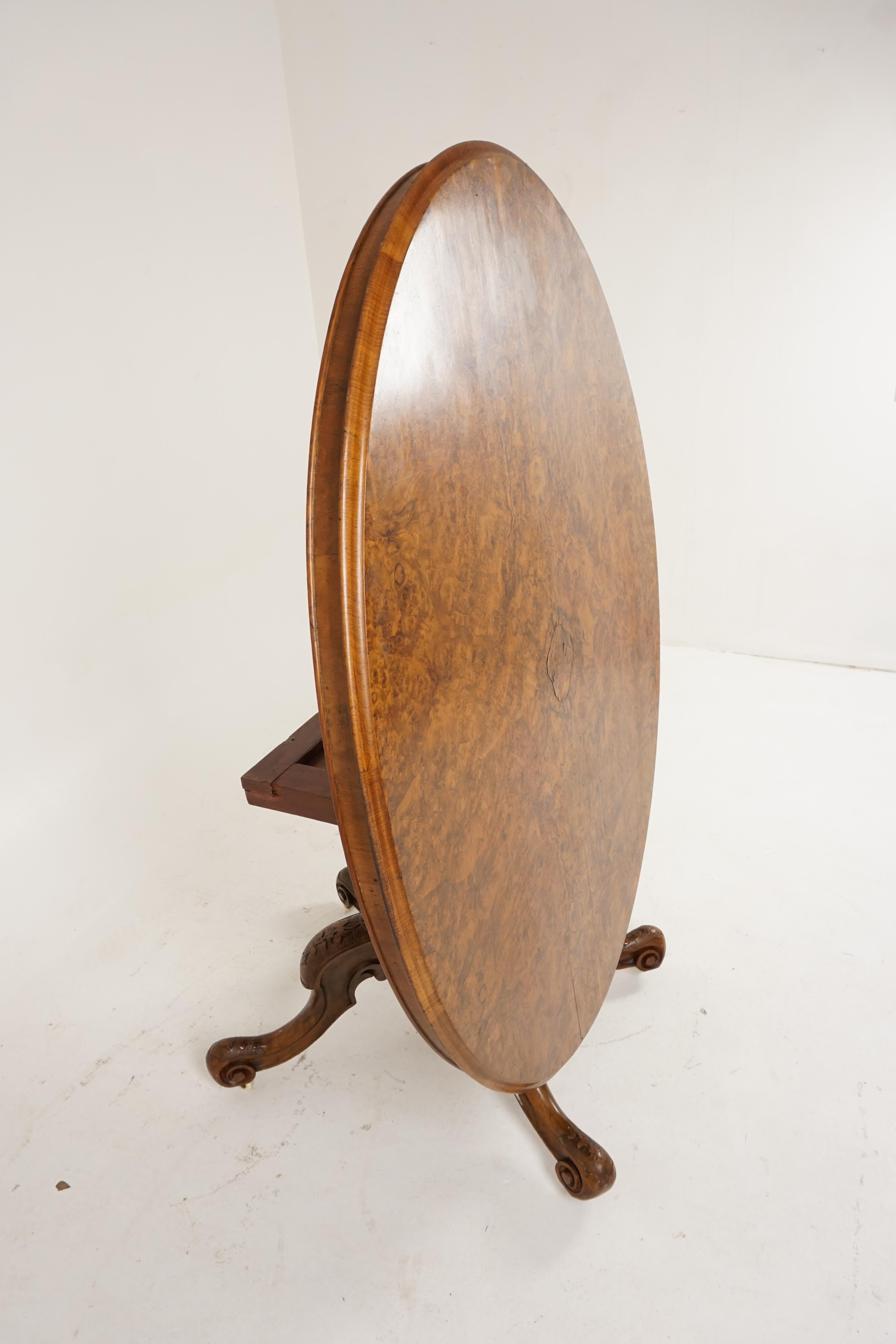 Antique Victorian Burr Walnut Snap Top Loo Dining Table, Scotland 1880, H121 For Sale 1