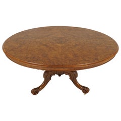 Vintage Victorian Burr Walnut Snap Top Loo Dining Table, Scotland 1880, H121