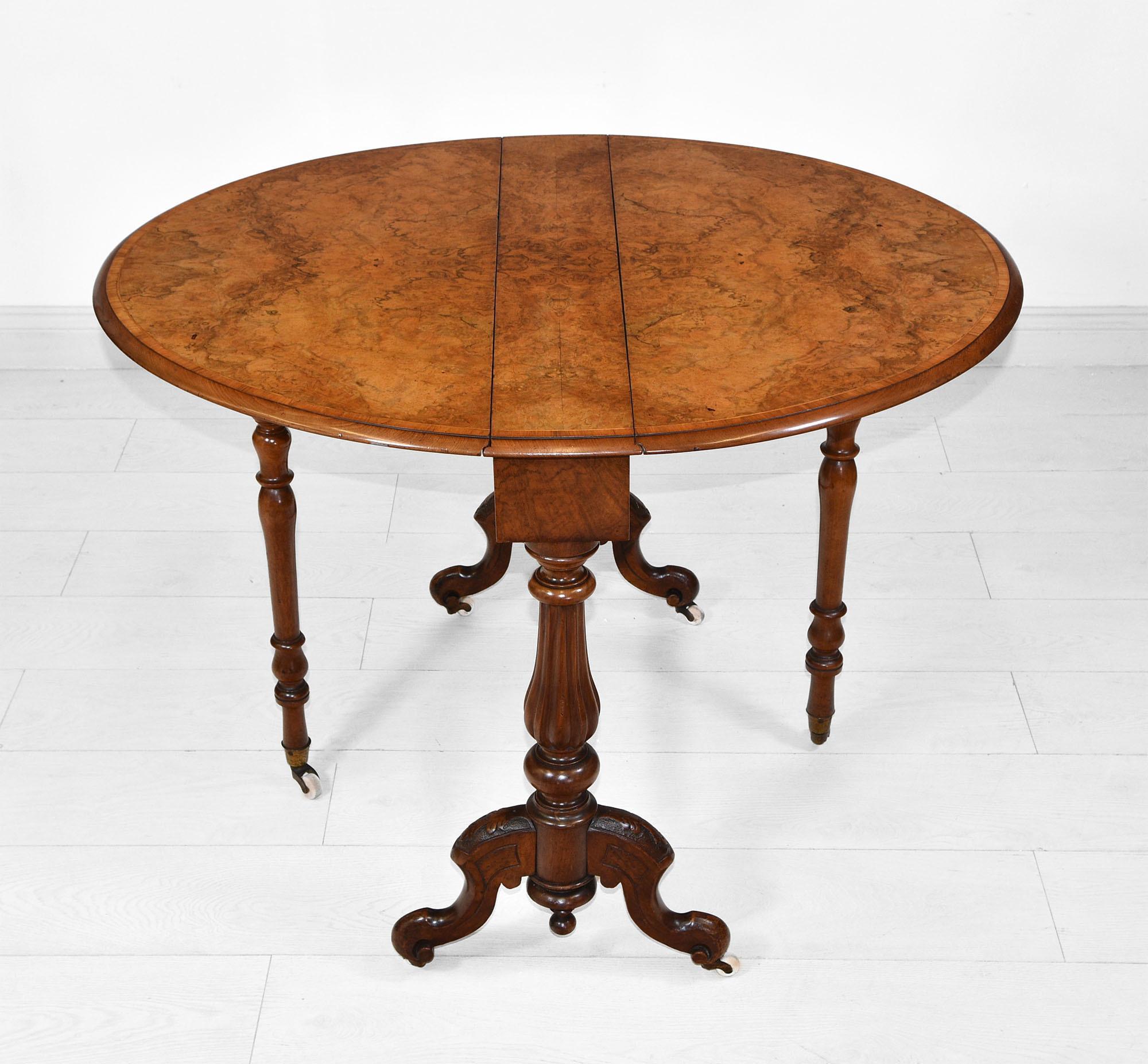 An elegant antique burr walnut dropleaf Sutherland table. English Circa 1870.


The top shows a wonderful mellowed colour, veneered in highly decorative burr walnut. 

The table has the original patina which has been cleaned and waxed. There
