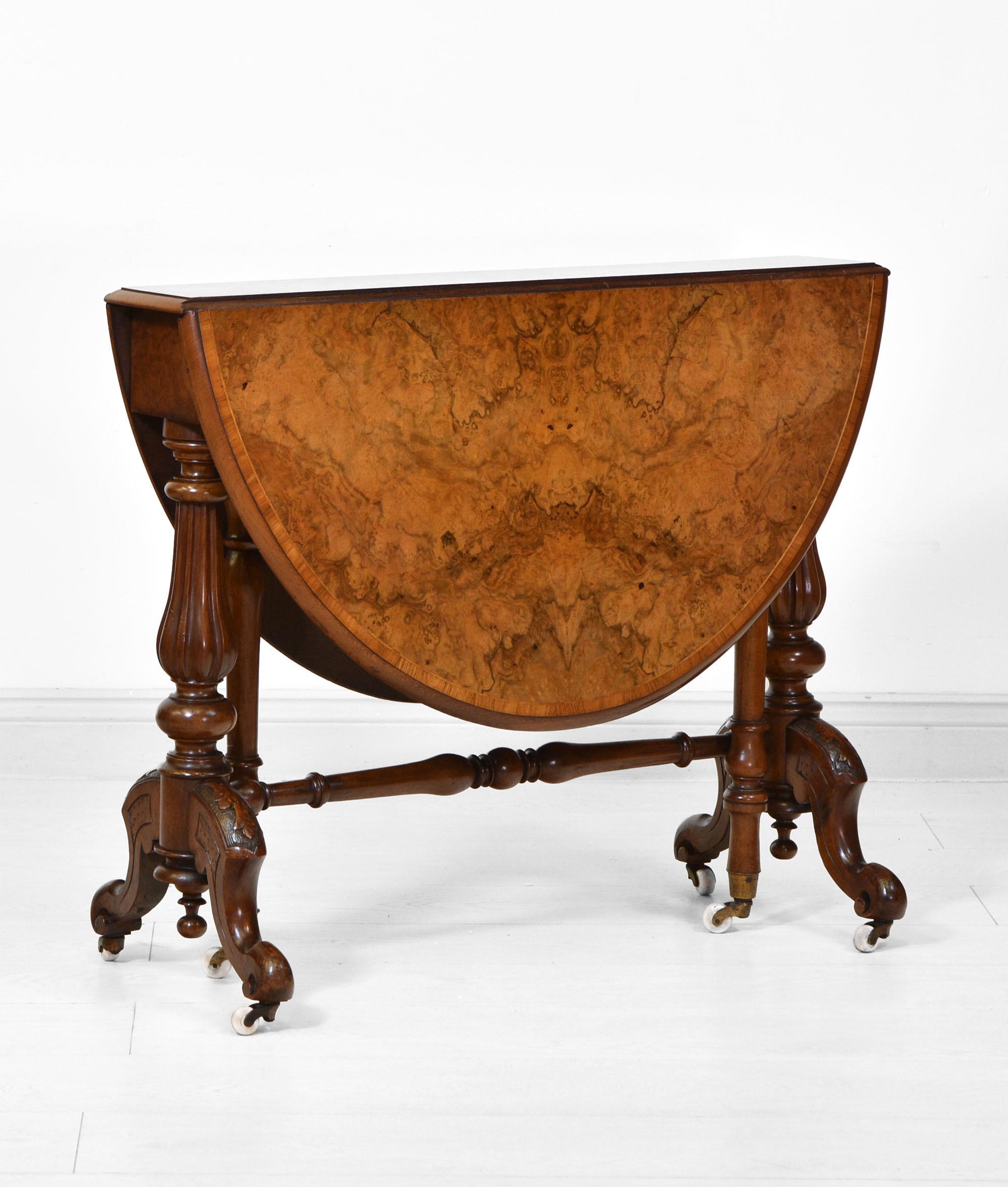 Antique Victorian Burr Walnut Sutherland Drop Leaf Table In Good Condition In Norwich, GB