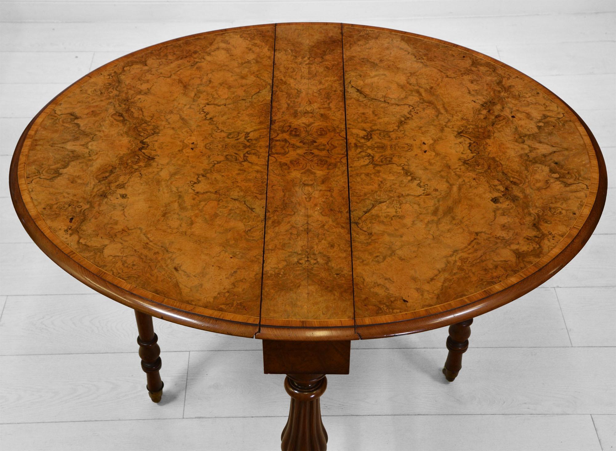 19th Century Antique Victorian Burr Walnut Sutherland Drop Leaf Table