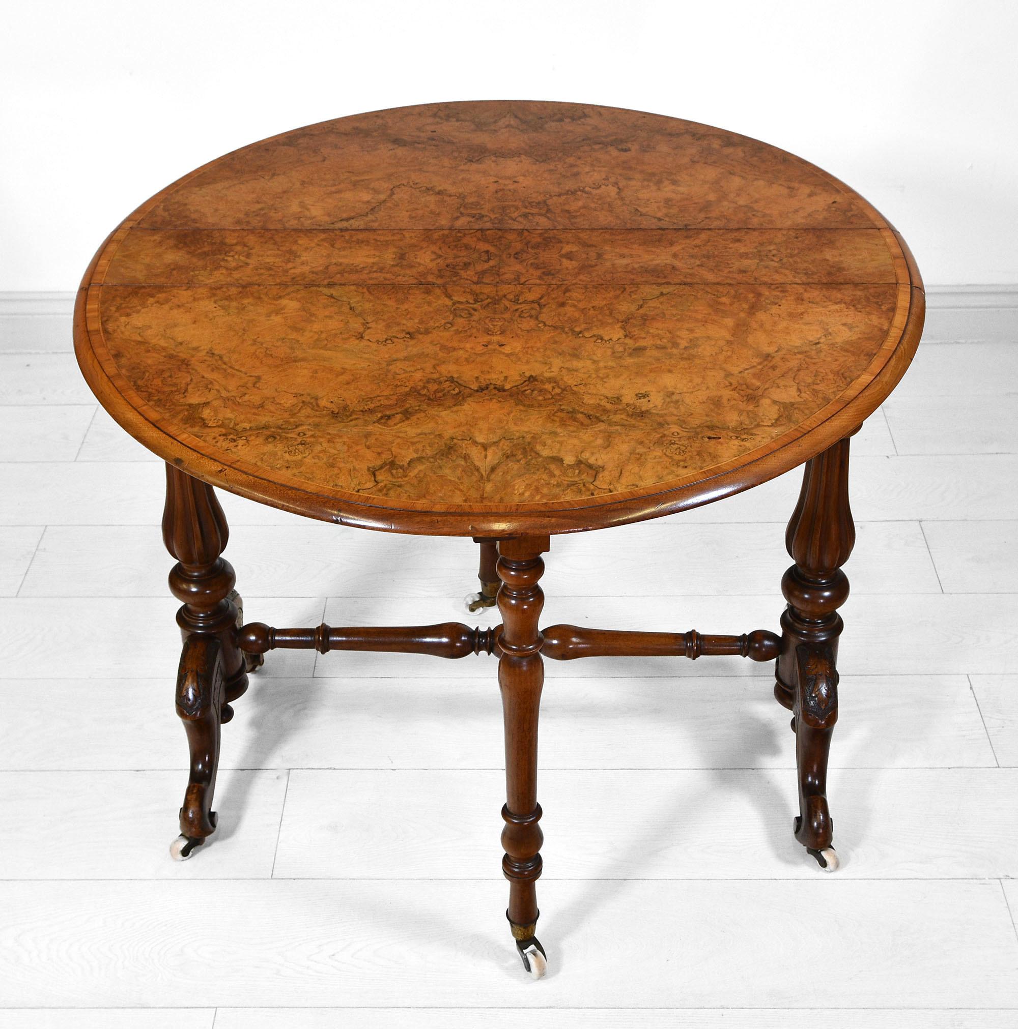 Antique Victorian Burr Walnut Sutherland Drop Leaf Table 1
