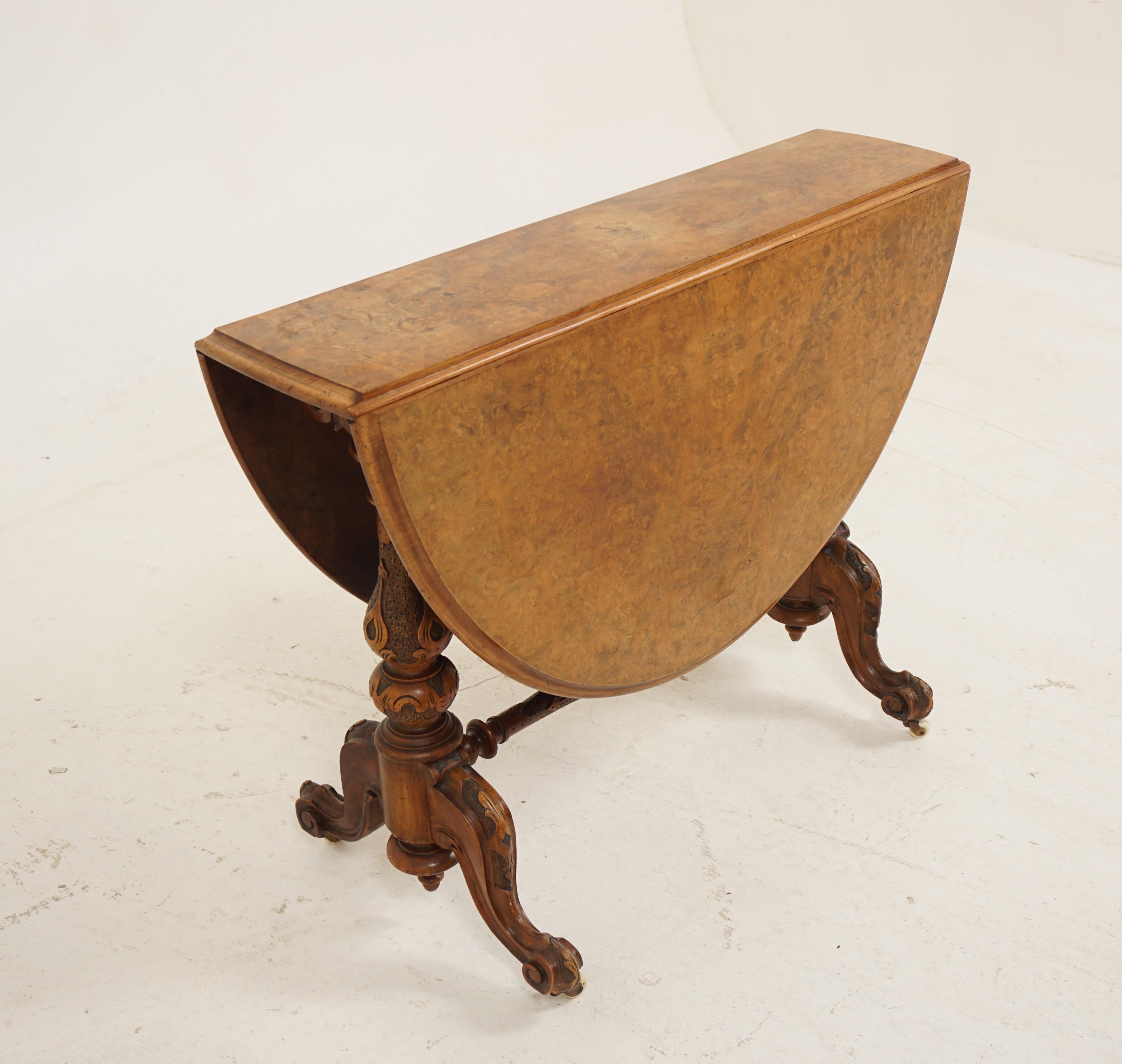 Scottish Antique Victorian Burr Walnut Sutherland Table, Scotland 1870, H281