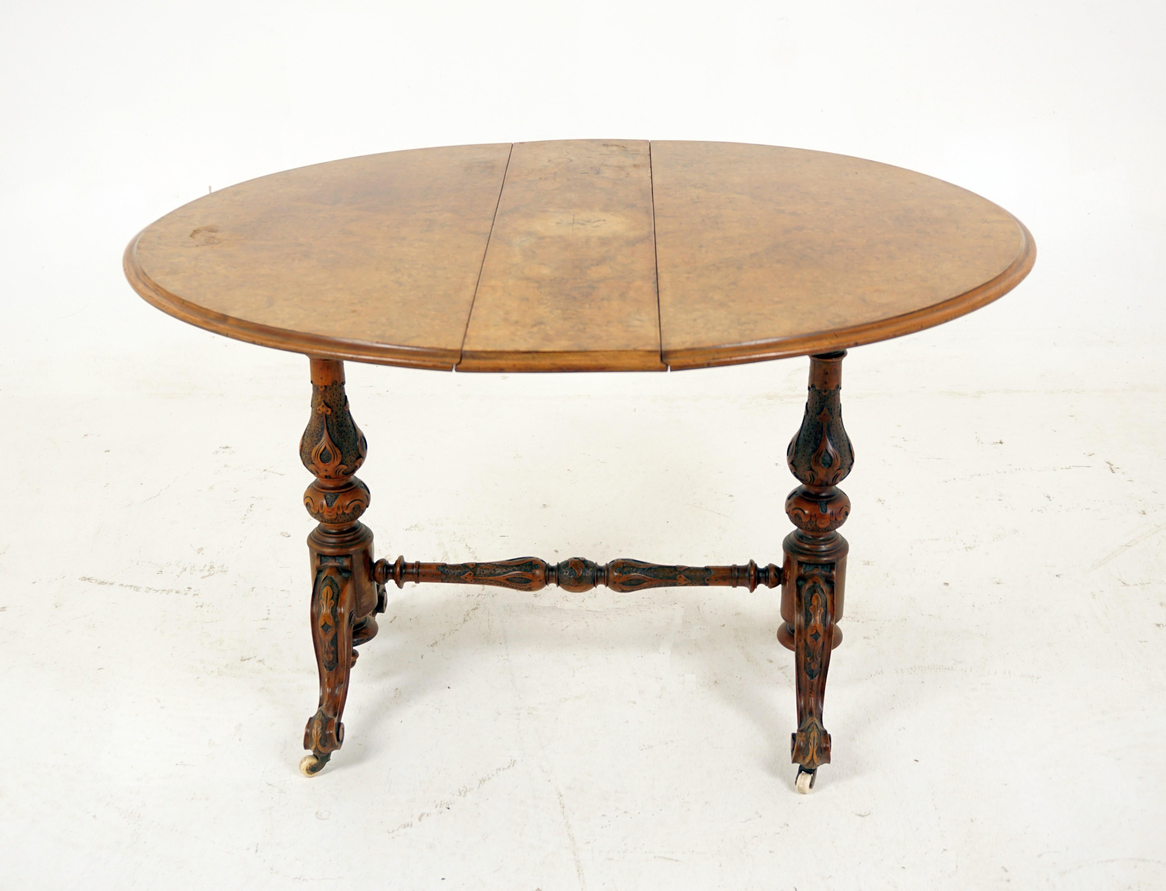 Antique Victorian Burr Walnut Sutherland Table, Scotland 1870, H281 In Good Condition In Vancouver, BC