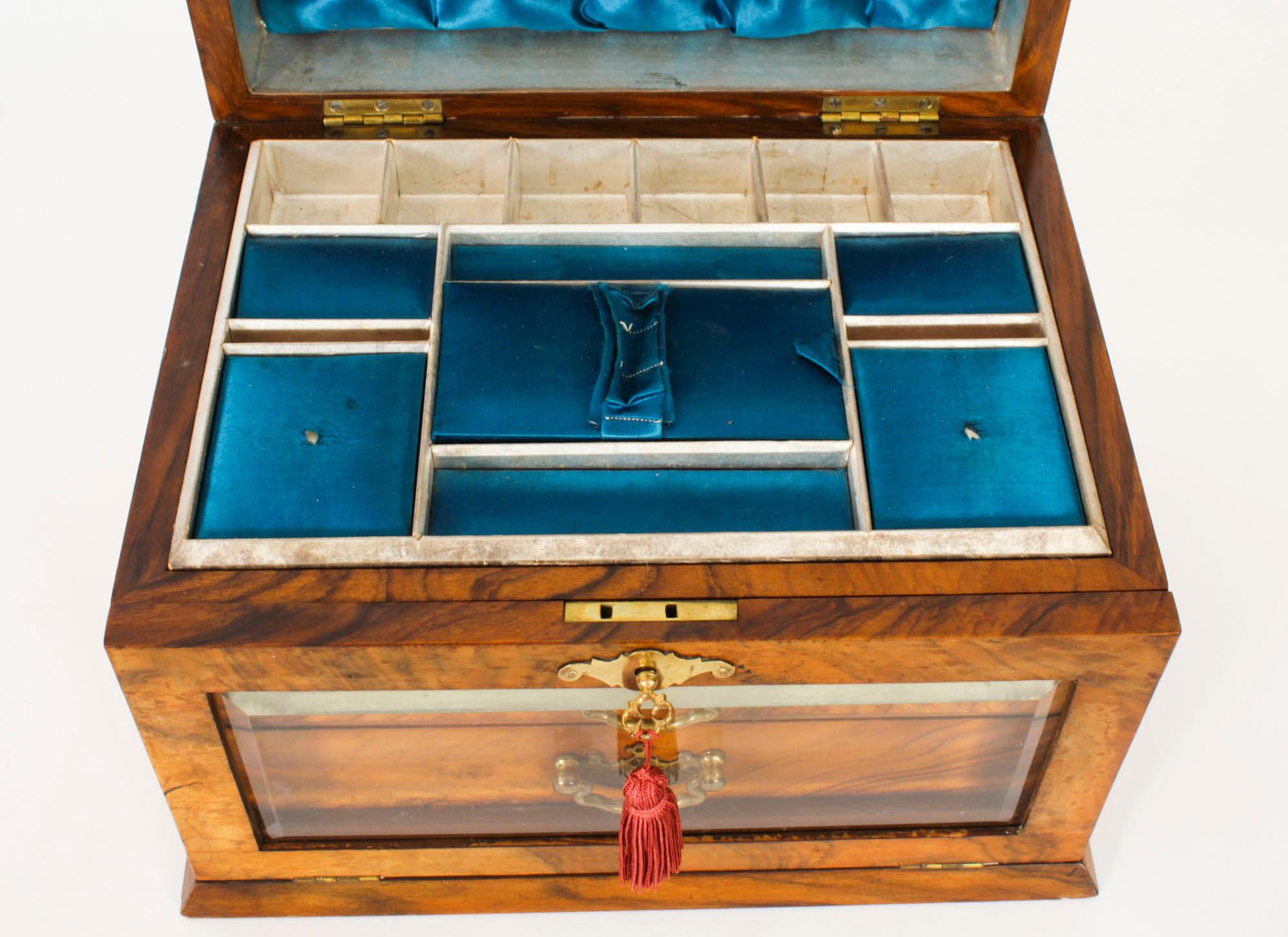 Antique Victorian Burr Walnut Table Top Jewellery Collectors Cabinet 1880s 12