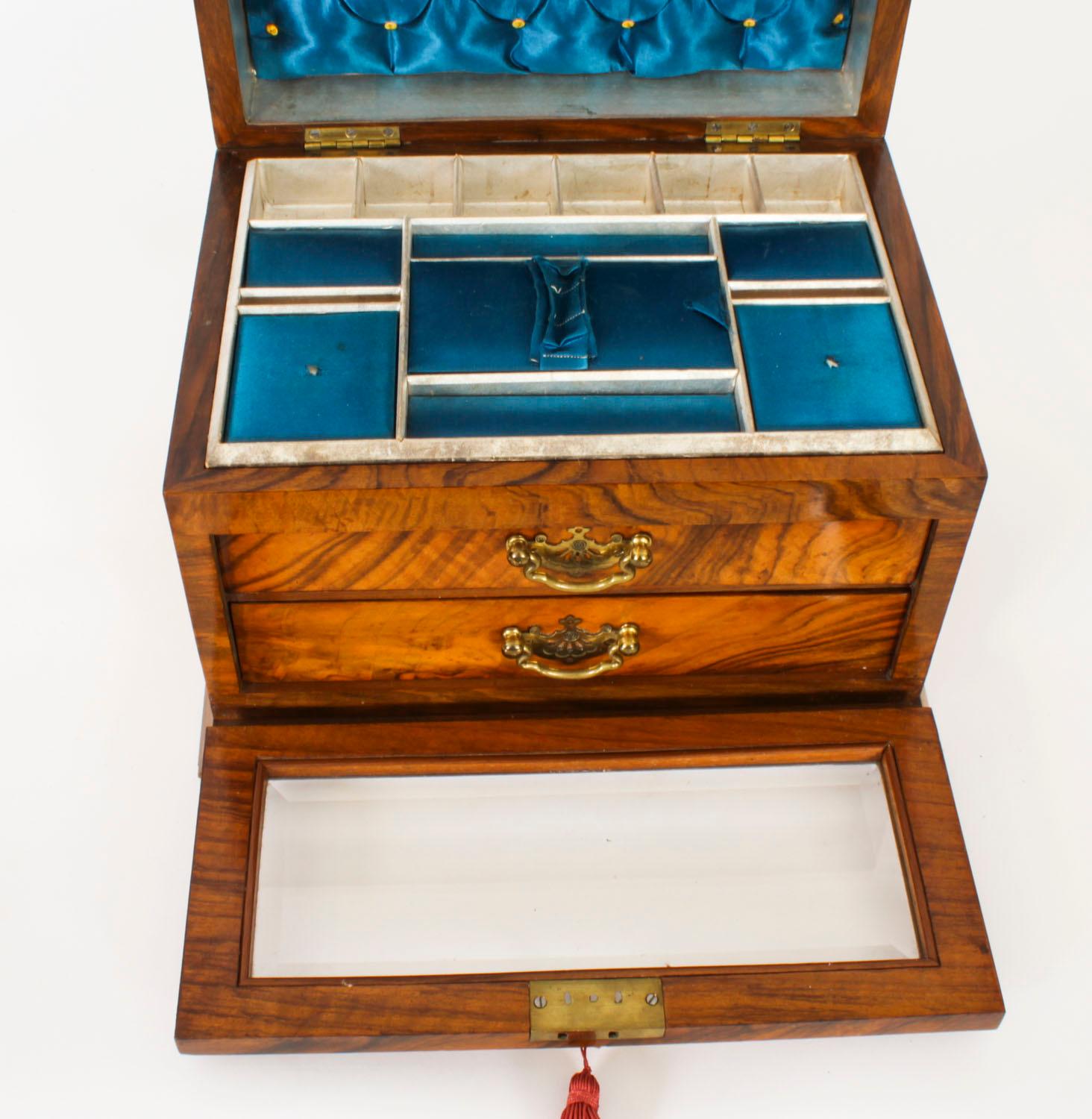 Antique Victorian Burr Walnut Table Top Jewellery Collectors Cabinet 1880s 16