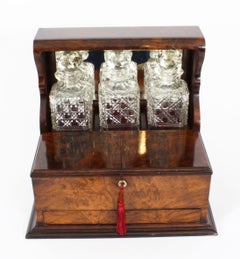 Antique Victorian Burr Walnut Three Crystal Decanter Tantalus Dry Bar 19th C