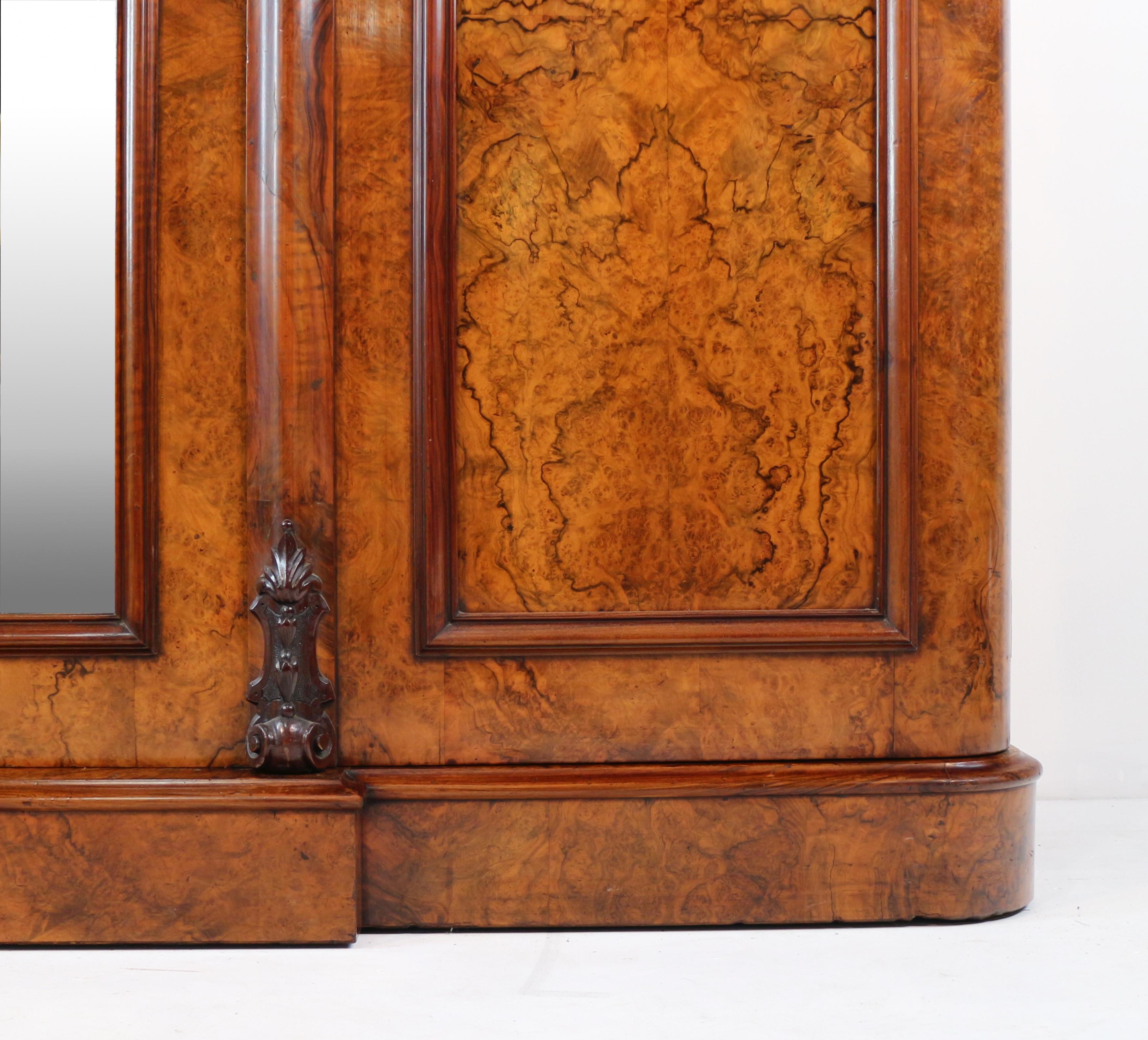 Antique Victorian Burr Walnut Three Door Fitted Breakfront Wardrobe 4