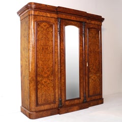 Antique Victorian Burr Walnut Three Door Fitted Breakfront Wardrobe