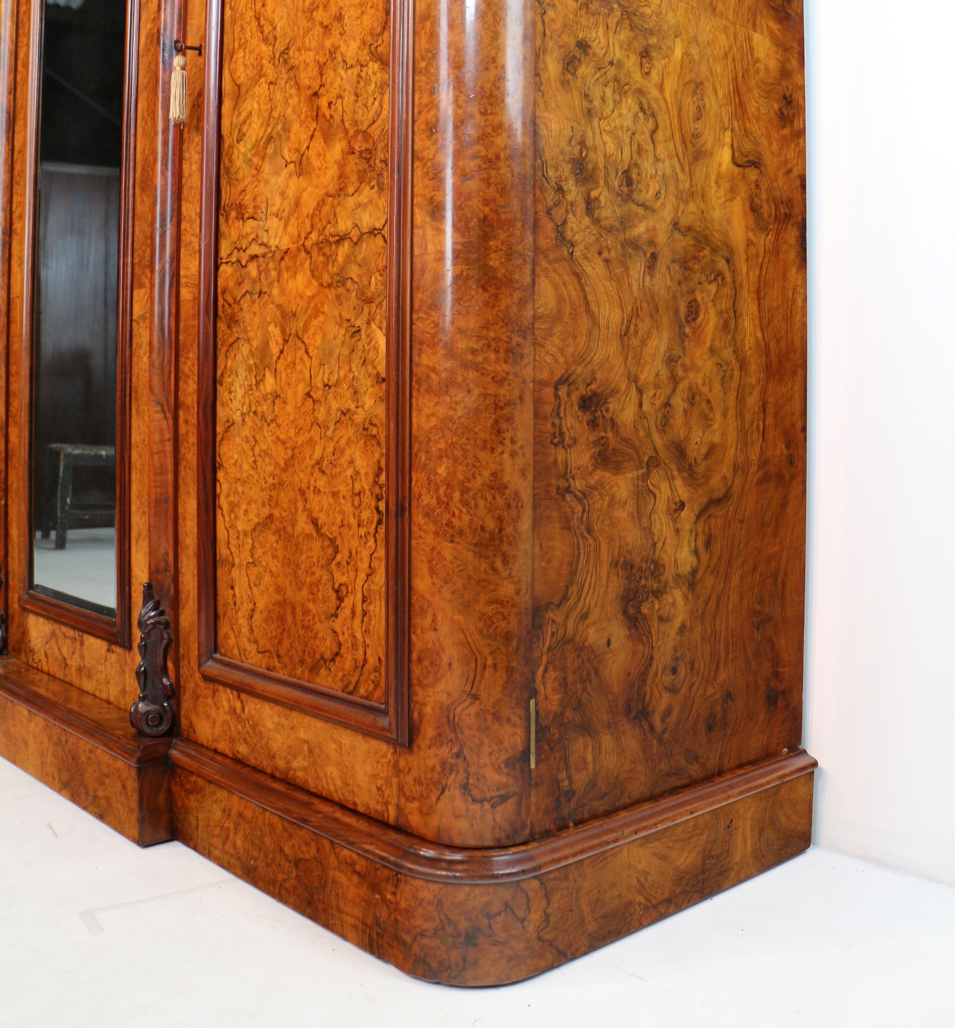 Antique Victorian Burr Walnut Three Door Fitted Breakfront Wardrobe 13