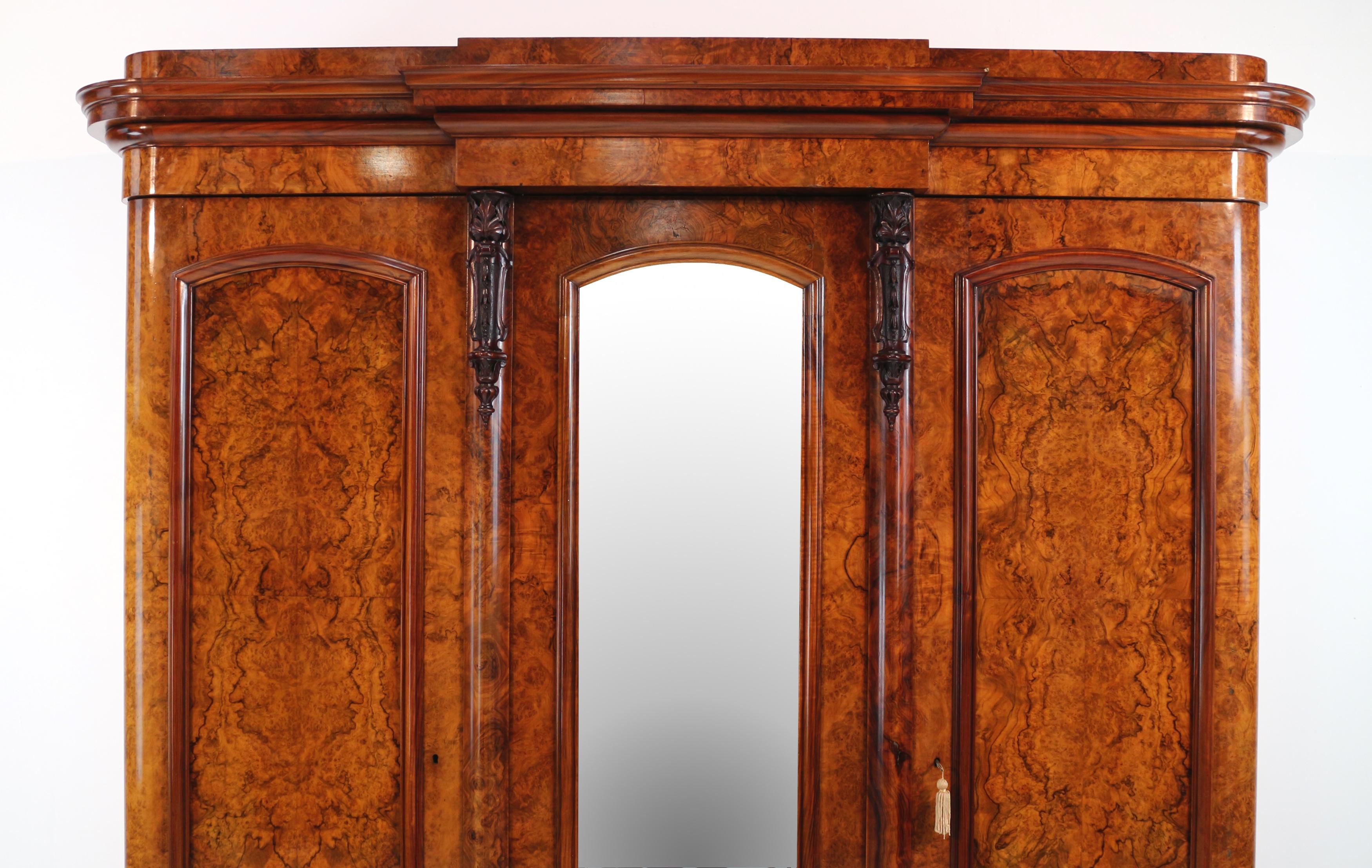British Antique Victorian Burr Walnut Three Door Fitted Breakfront Wardrobe