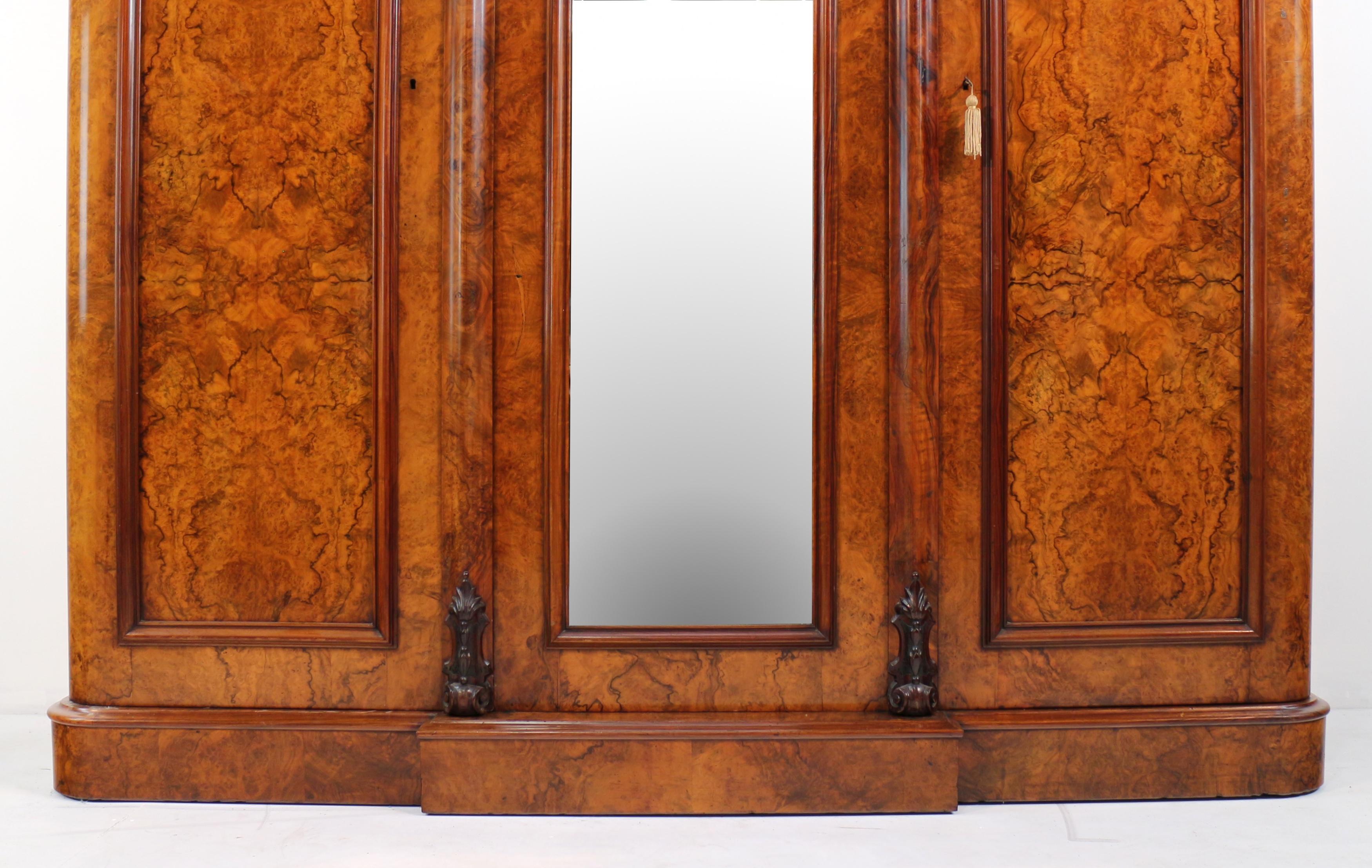Hand-Crafted Antique Victorian Burr Walnut Three Door Fitted Breakfront Wardrobe