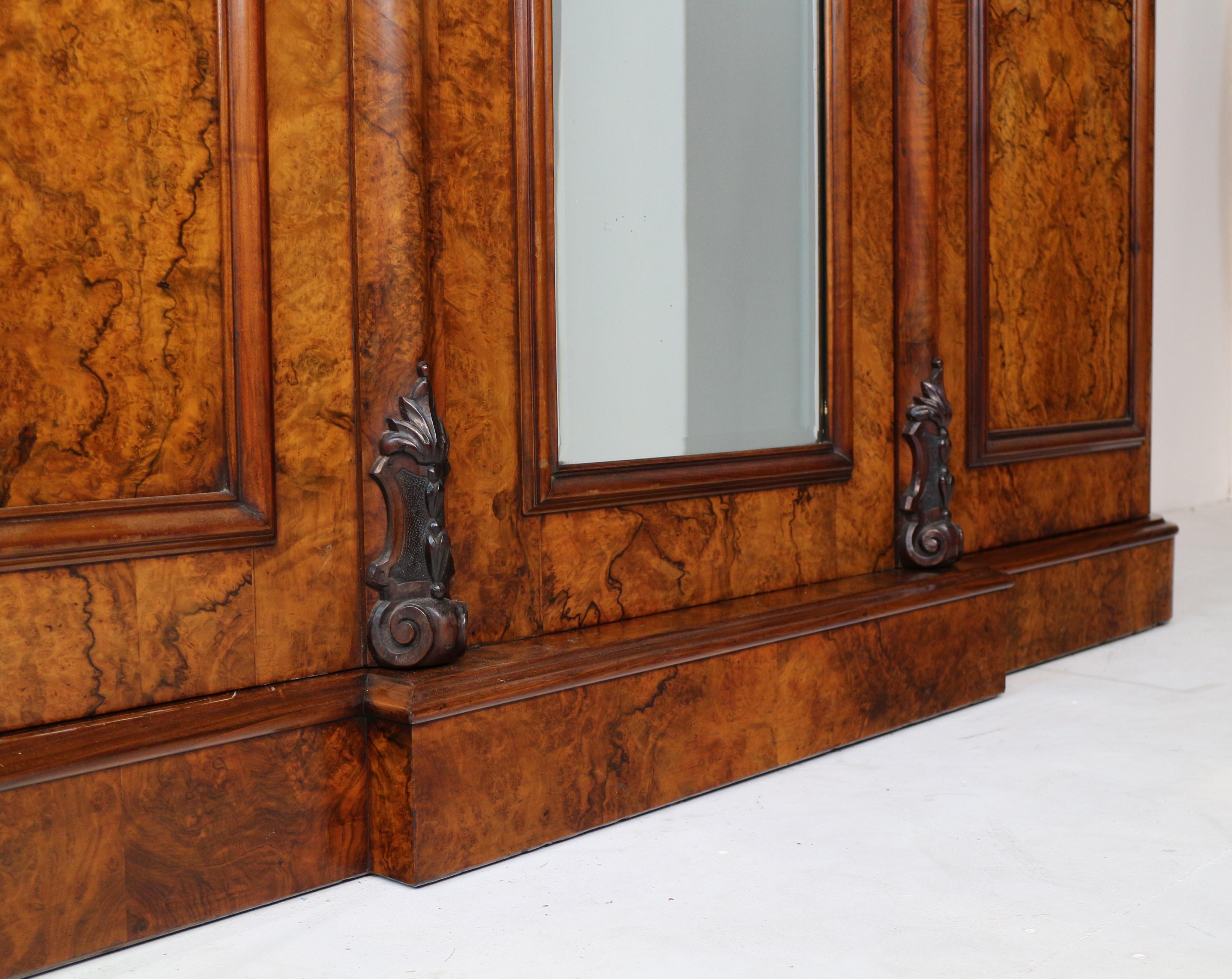 Antique Victorian Burr Walnut Three Door Fitted Breakfront Wardrobe 2