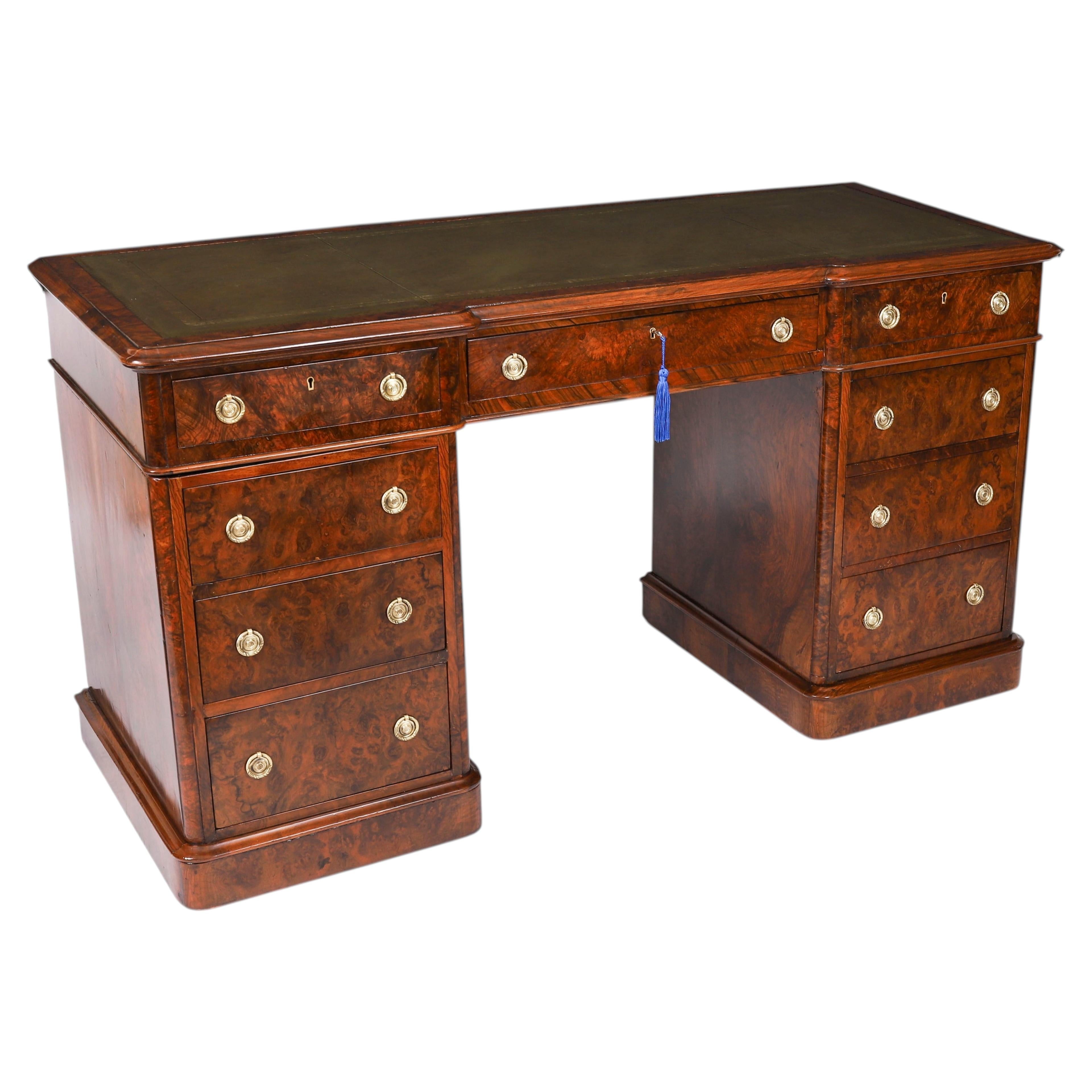 Antique Victorian Burr Walnut Twin Pedestal Desk 19th Century