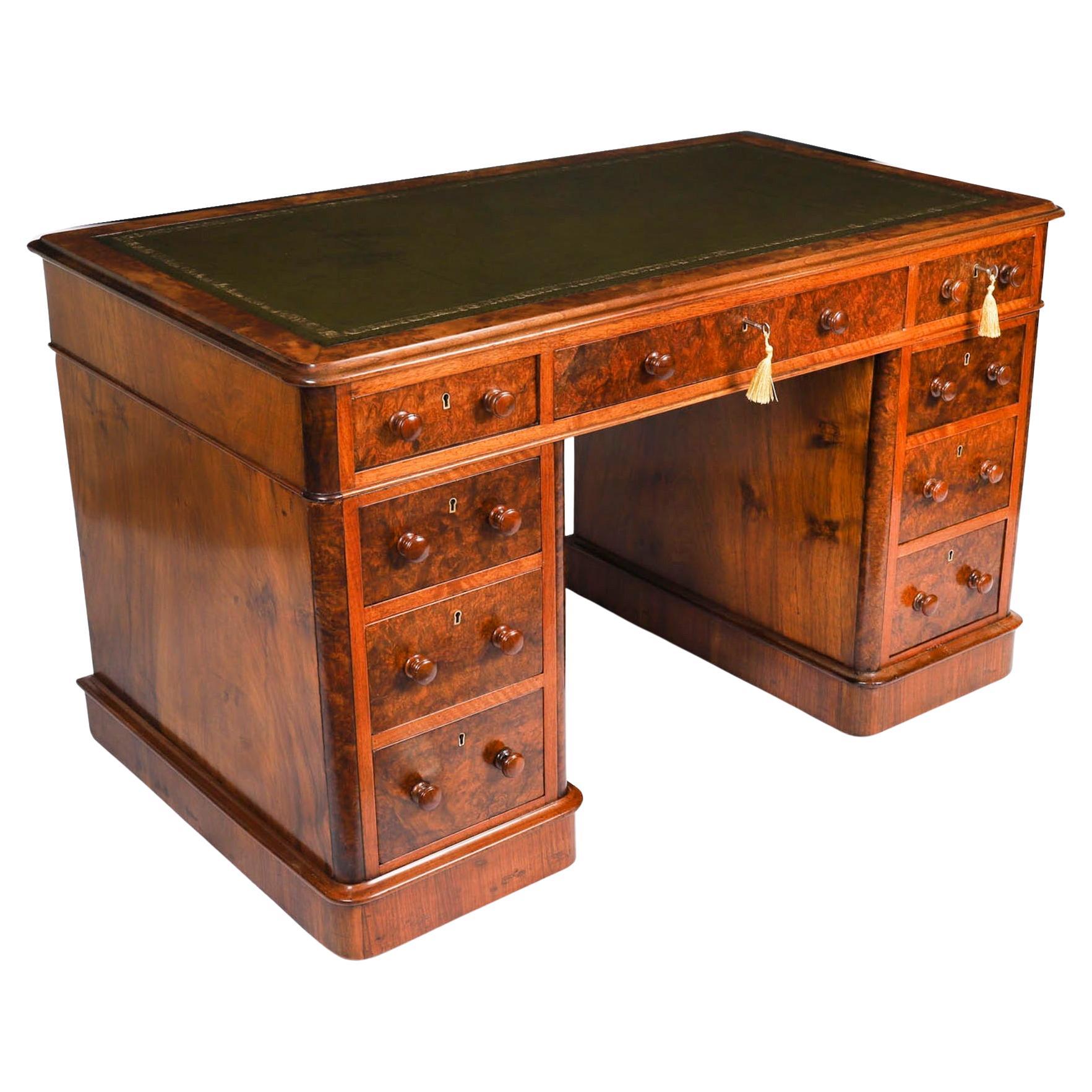 Antique Victorian Burr Walnut Twin Pedestal Desk C1860 19th Century