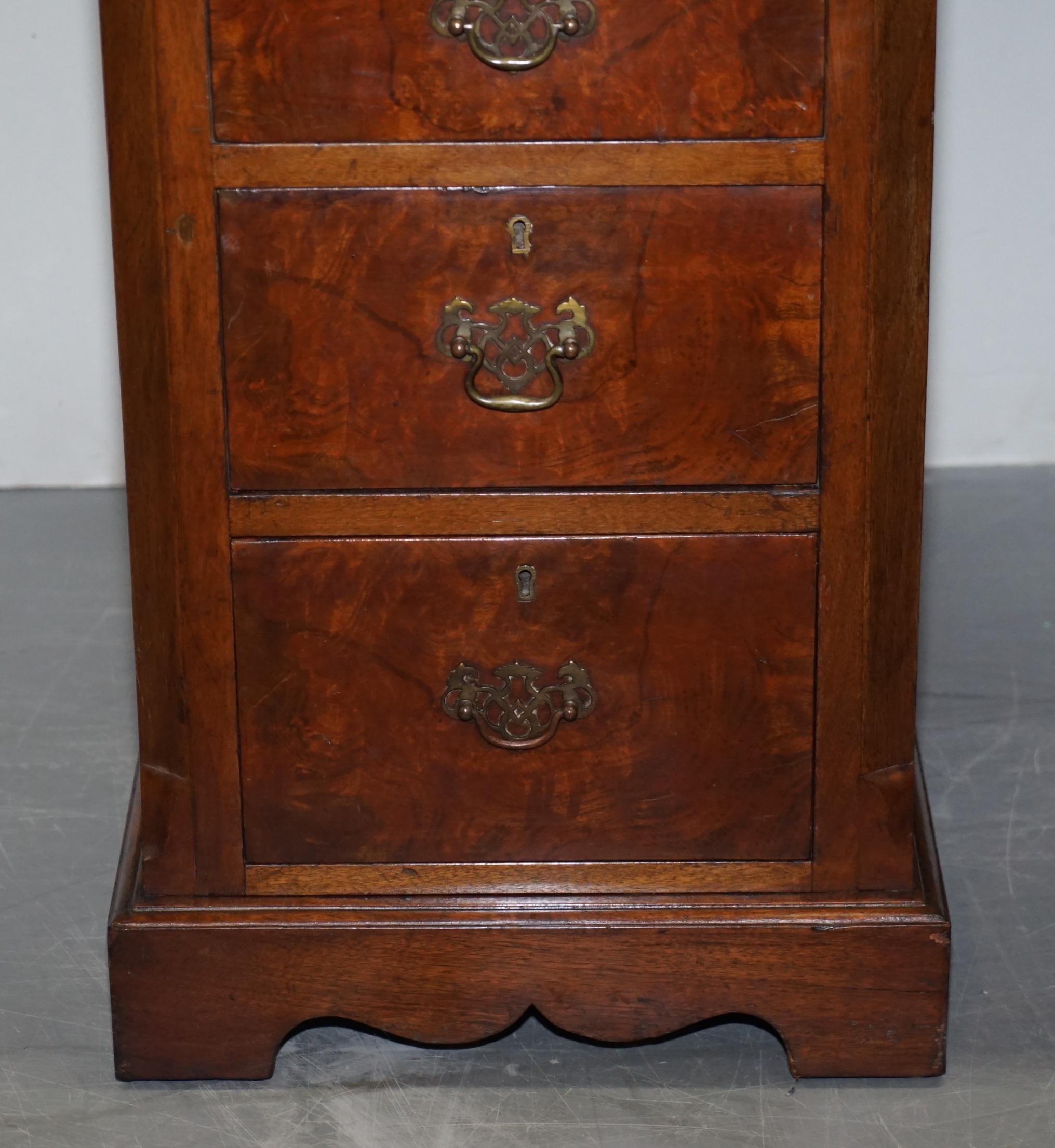 Antique Victorian Burr Walnut Twin Pedestal Partner Desk with Brown Leather Top For Sale 3