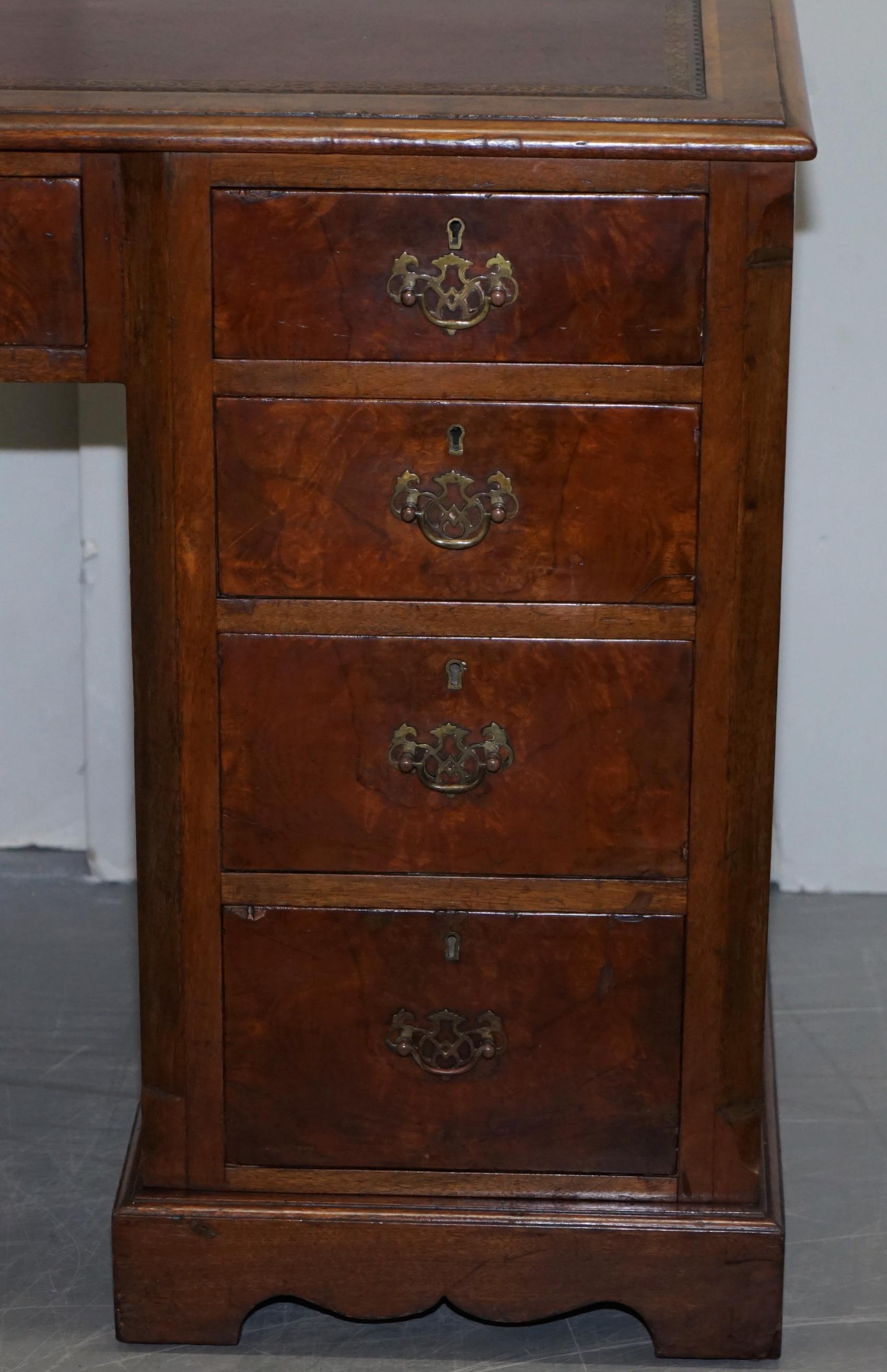 Antique Victorian Burr Walnut Twin Pedestal Partner Desk with Brown Leather Top For Sale 5