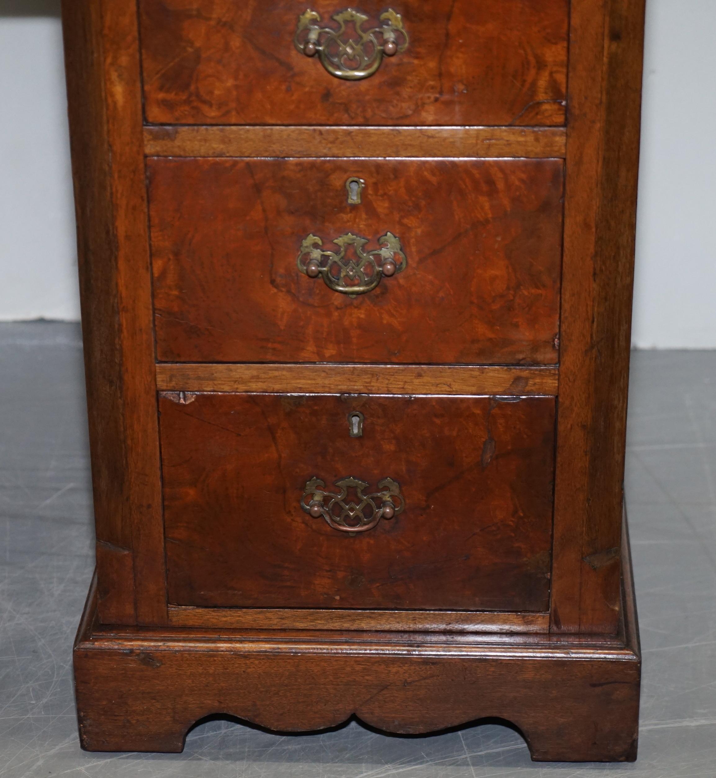 Antique Victorian Burr Walnut Twin Pedestal Partner Desk with Brown Leather Top For Sale 7