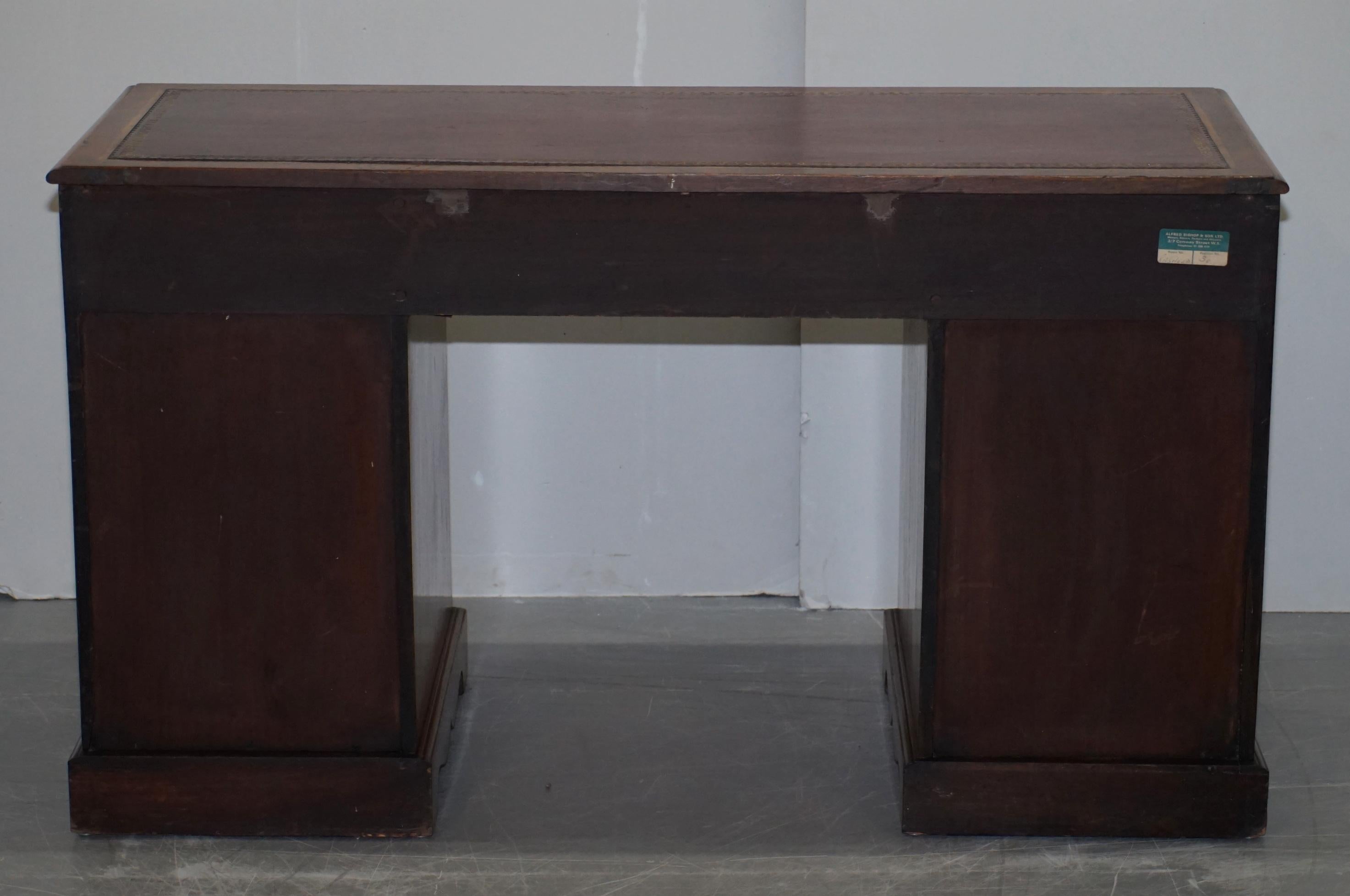 Antique Victorian Burr Walnut Twin Pedestal Partner Desk with Brown Leather Top For Sale 9