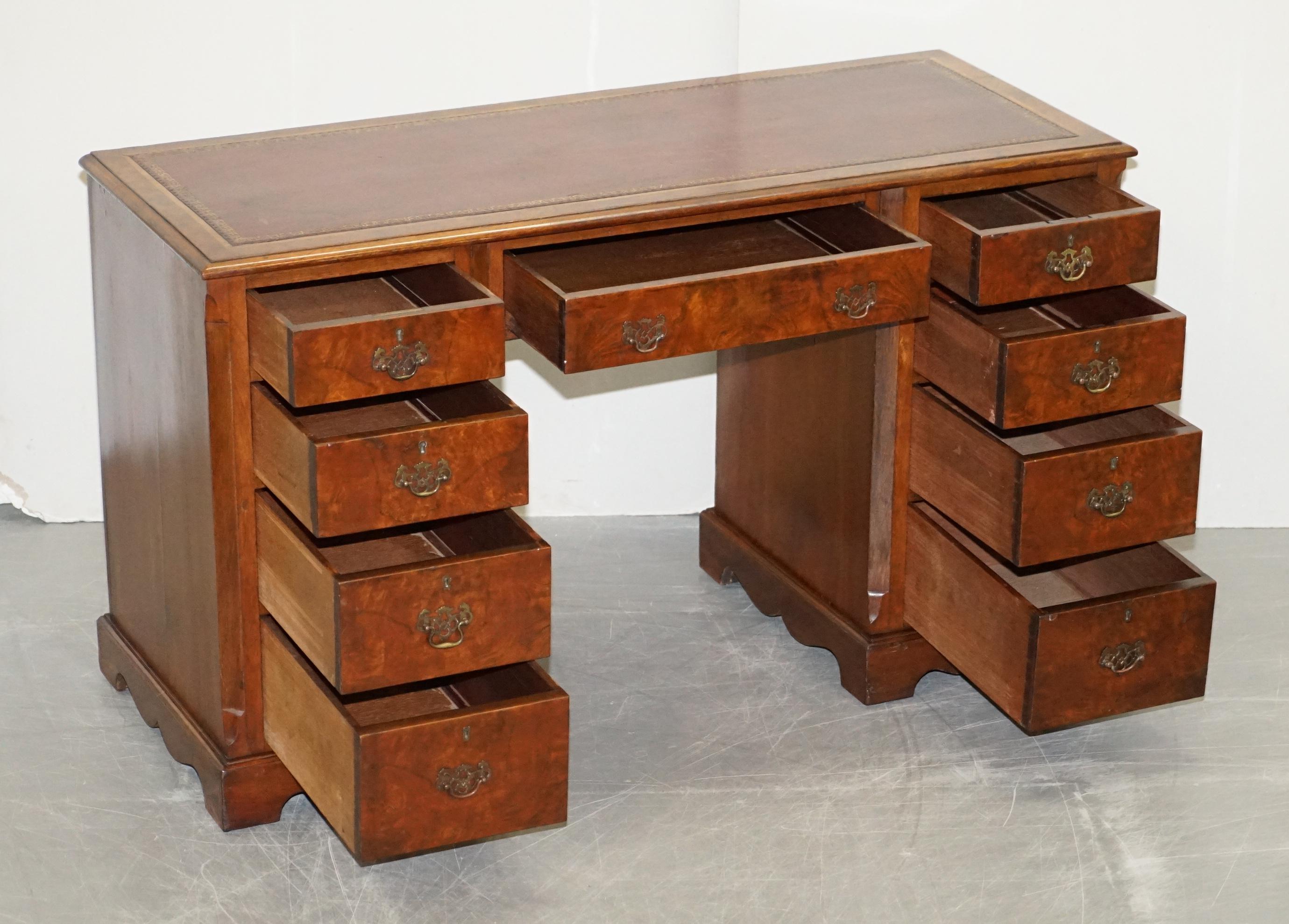 Antique Victorian Burr Walnut Twin Pedestal Partner Desk with Brown Leather Top For Sale 11