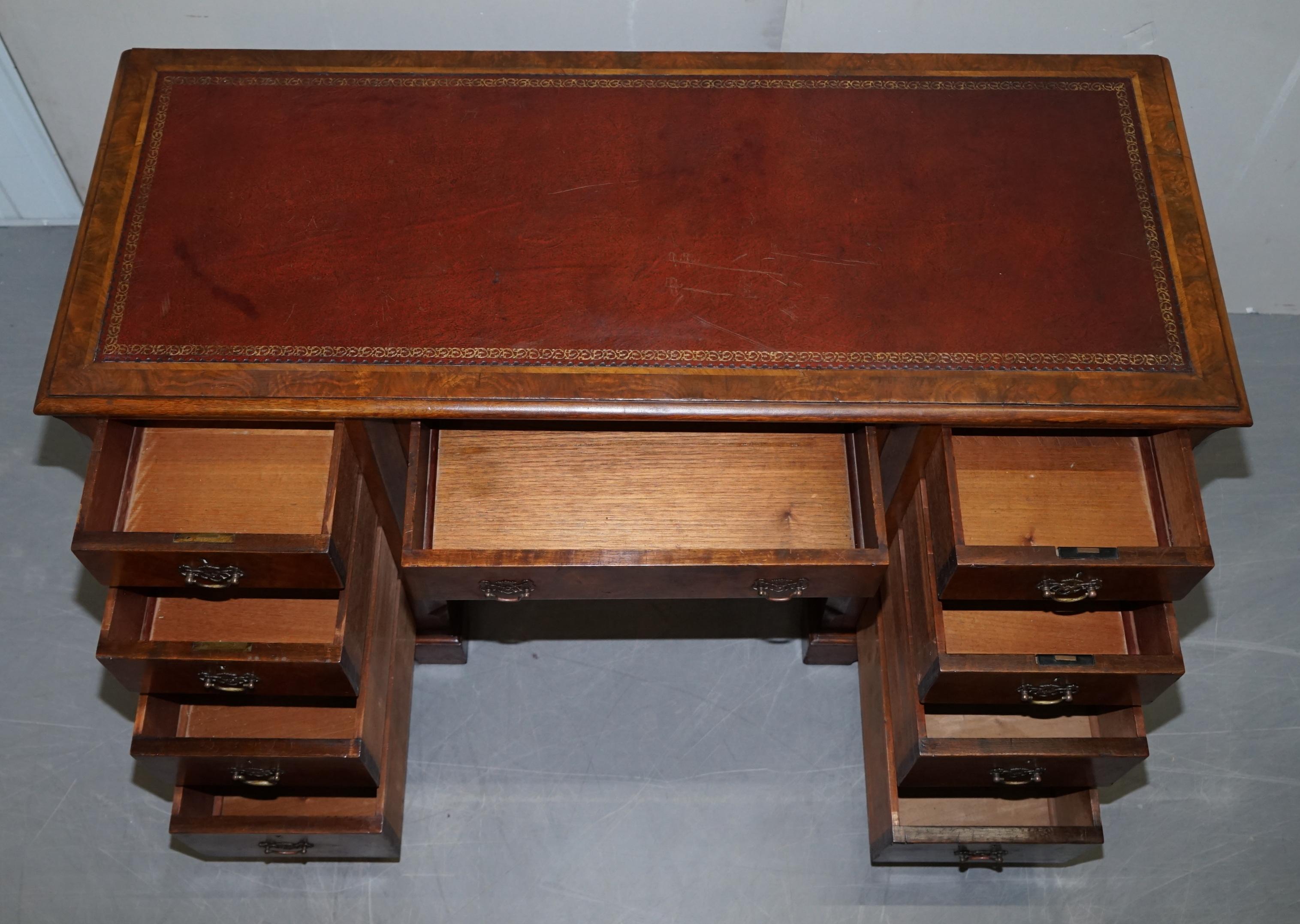 Antique Victorian Burr Walnut Twin Pedestal Partner Desk with Brown Leather Top For Sale 12