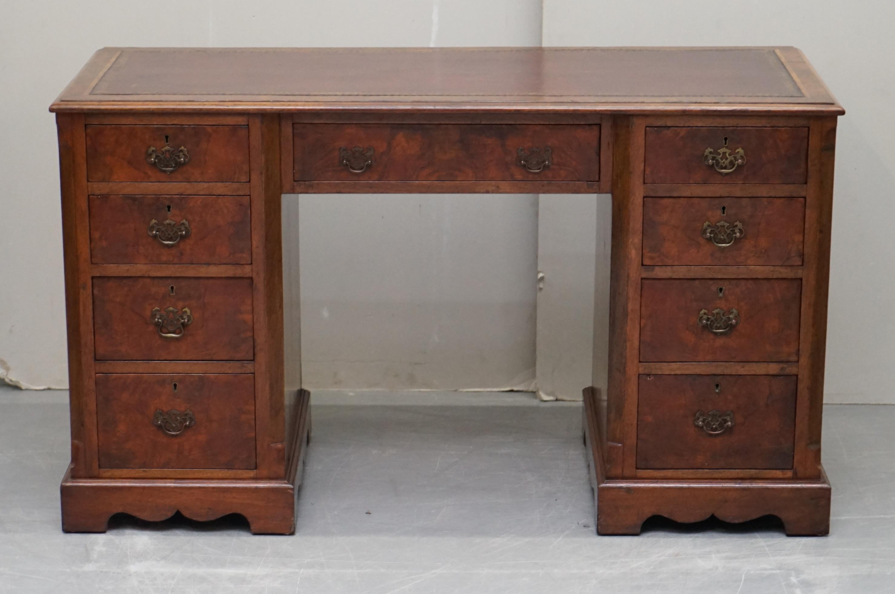 We are delighted to offer for sale this lovely handmade in England circa 1880 burr walnut and brown leather twin pedestal partner desk

A good looking and well made desk, the timber patina is glorious as is the brown leather top which is a thick