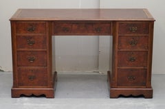 Antique Victorian Burr Walnut Twin Pedestal Partner Desk with Brown Leather Top