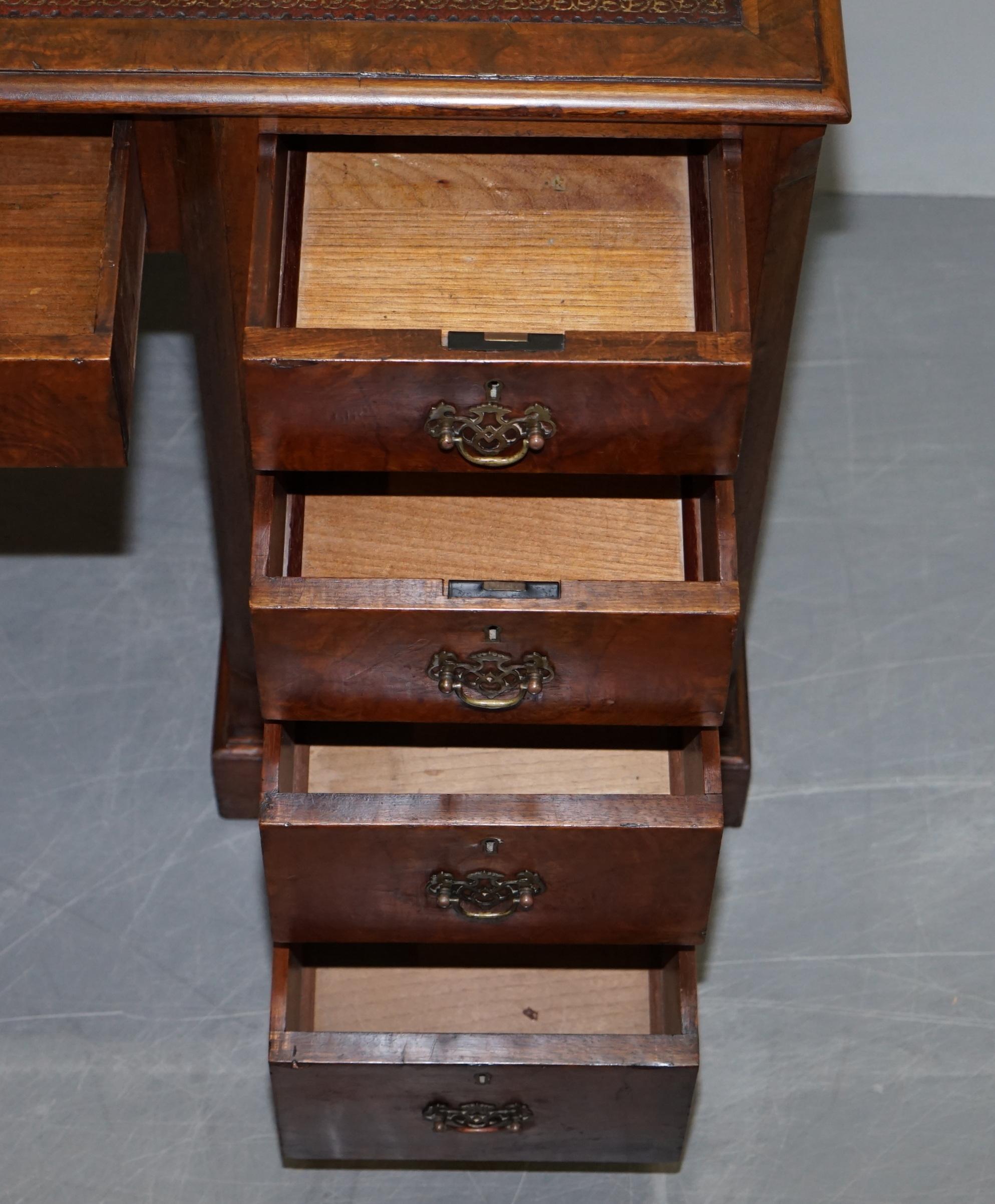 Antique Victorian Burr Walnut Twin Pedestal Partner Desk with Brown Leather Top For Sale 13