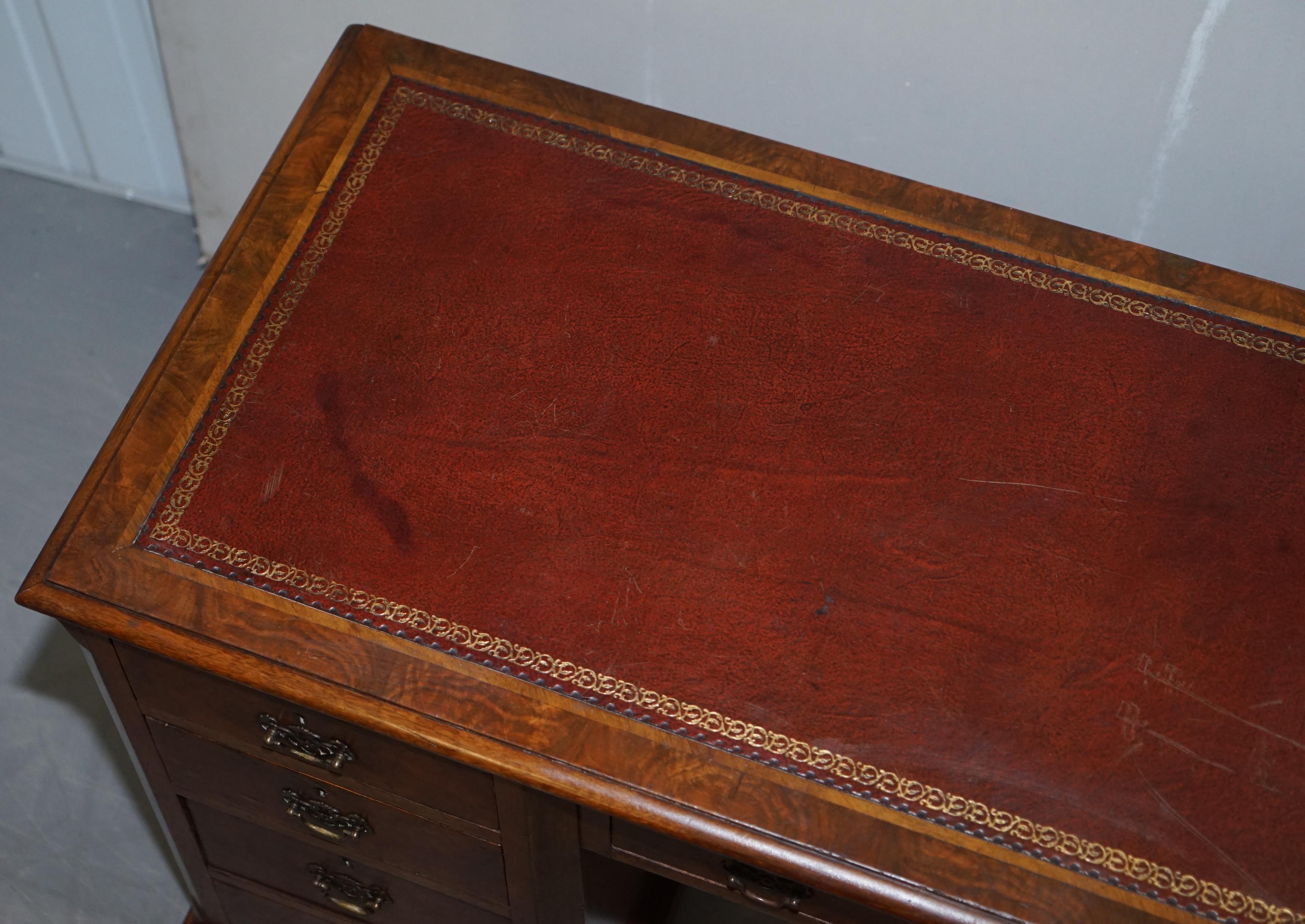 English Antique Victorian Burr Walnut Twin Pedestal Partner Desk with Brown Leather Top For Sale