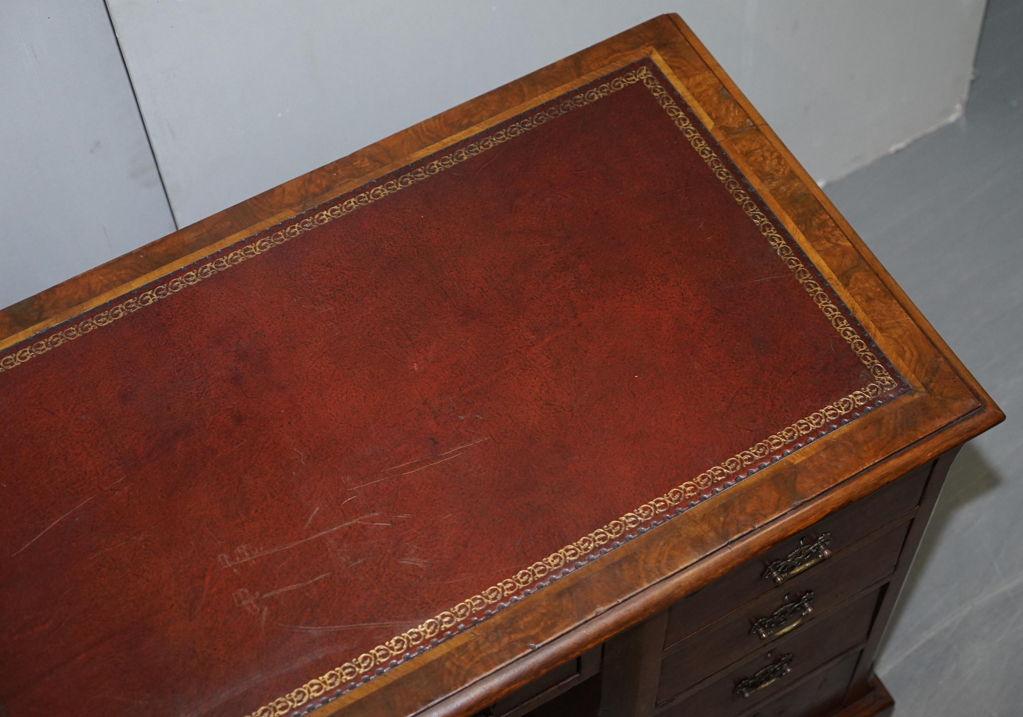 Hand-Crafted Antique Victorian Burr Walnut Twin Pedestal Partner Desk with Brown Leather Top For Sale