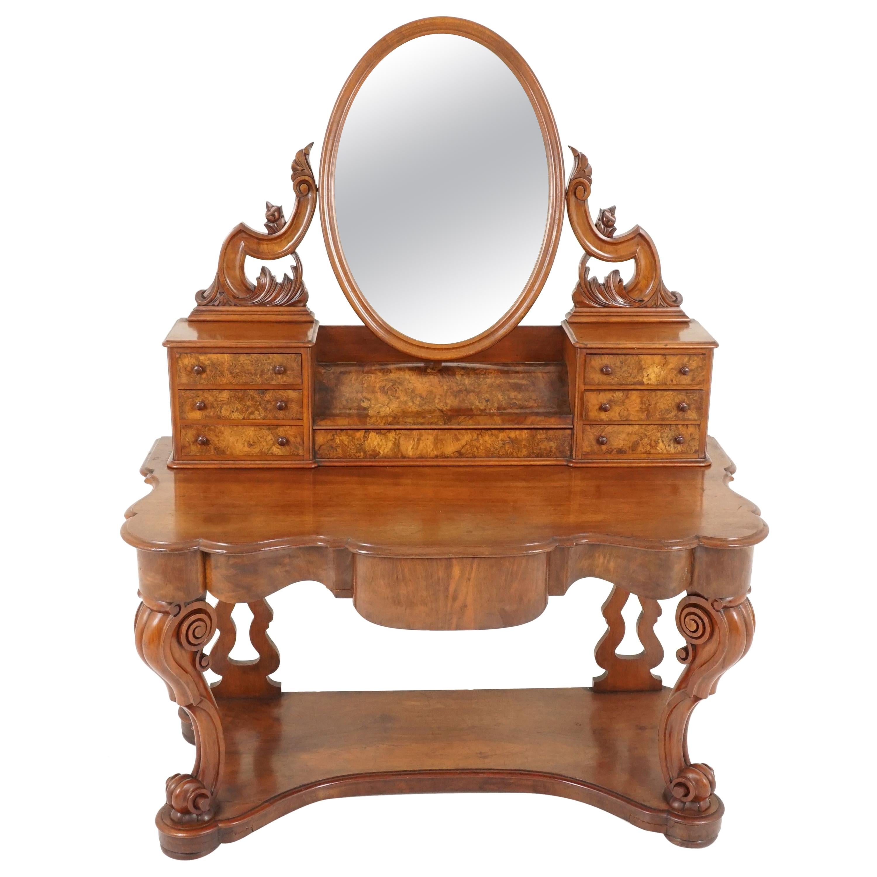 Antique Victorian Burr Walnut Vanity Dressing Table, Scotland, 1870, B2125