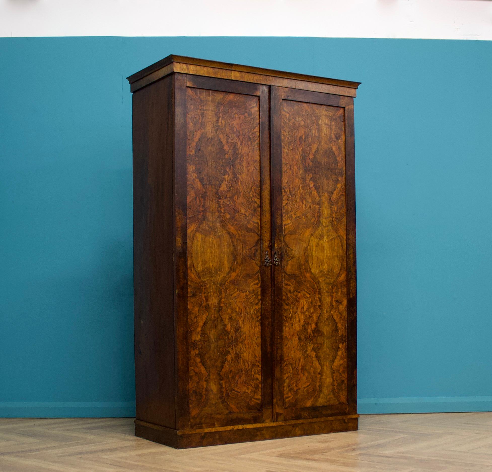 British Antique Victorian Burr Walnut Wardrobe, 1860s