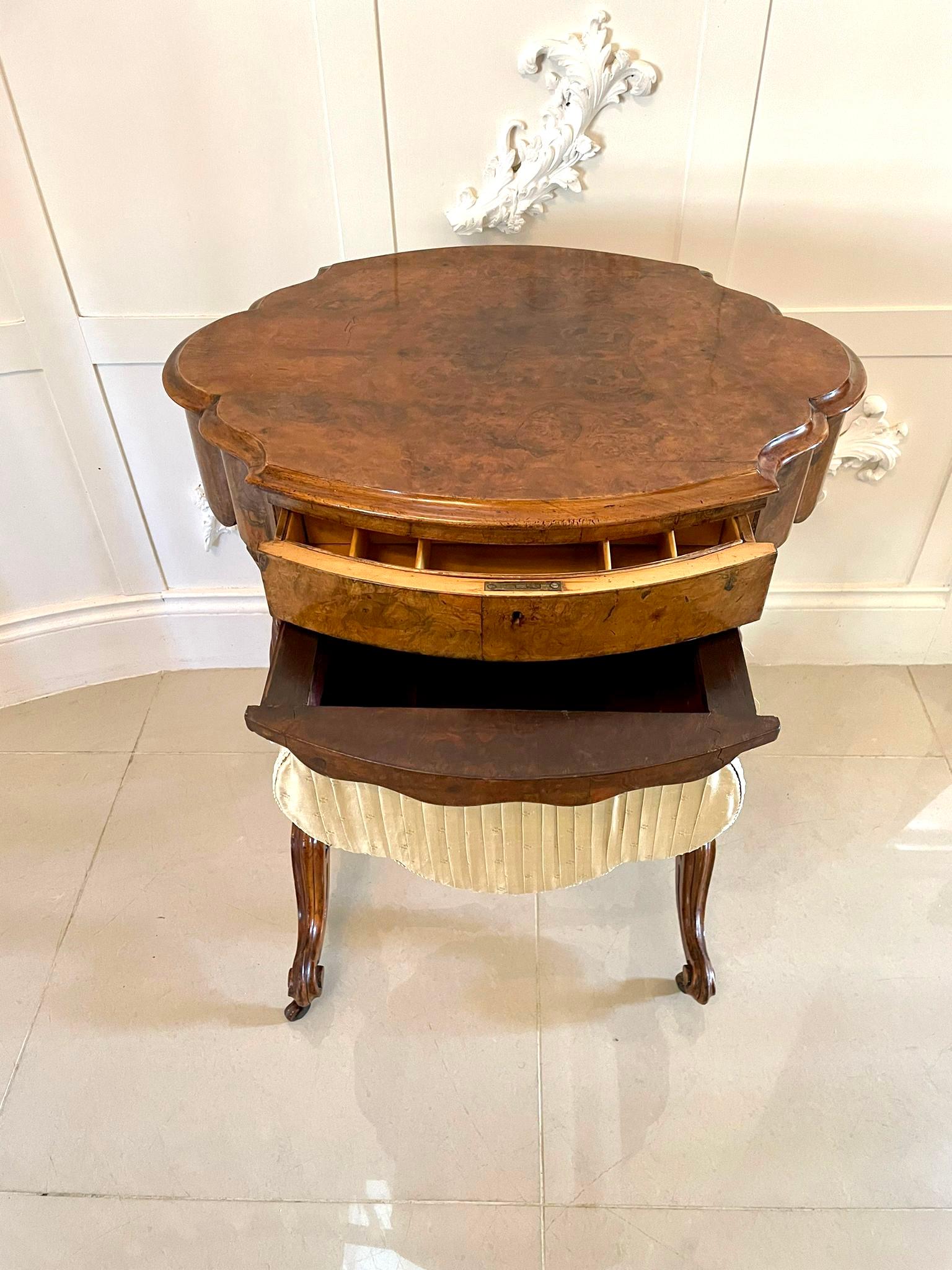 English Antique Victorian Burr Walnut Work Table For Sale