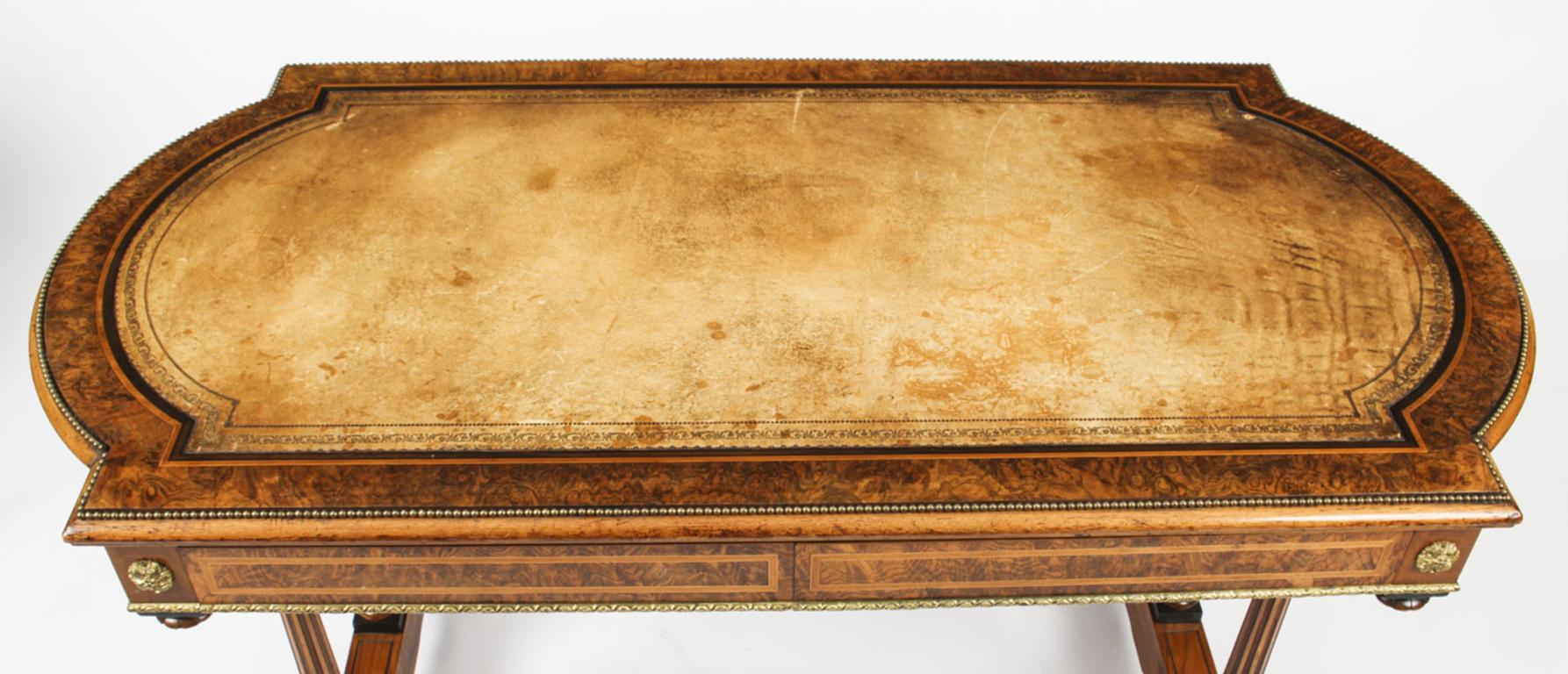 English Antique Victorian Burr Walnut Writing Table Desk, 19th C