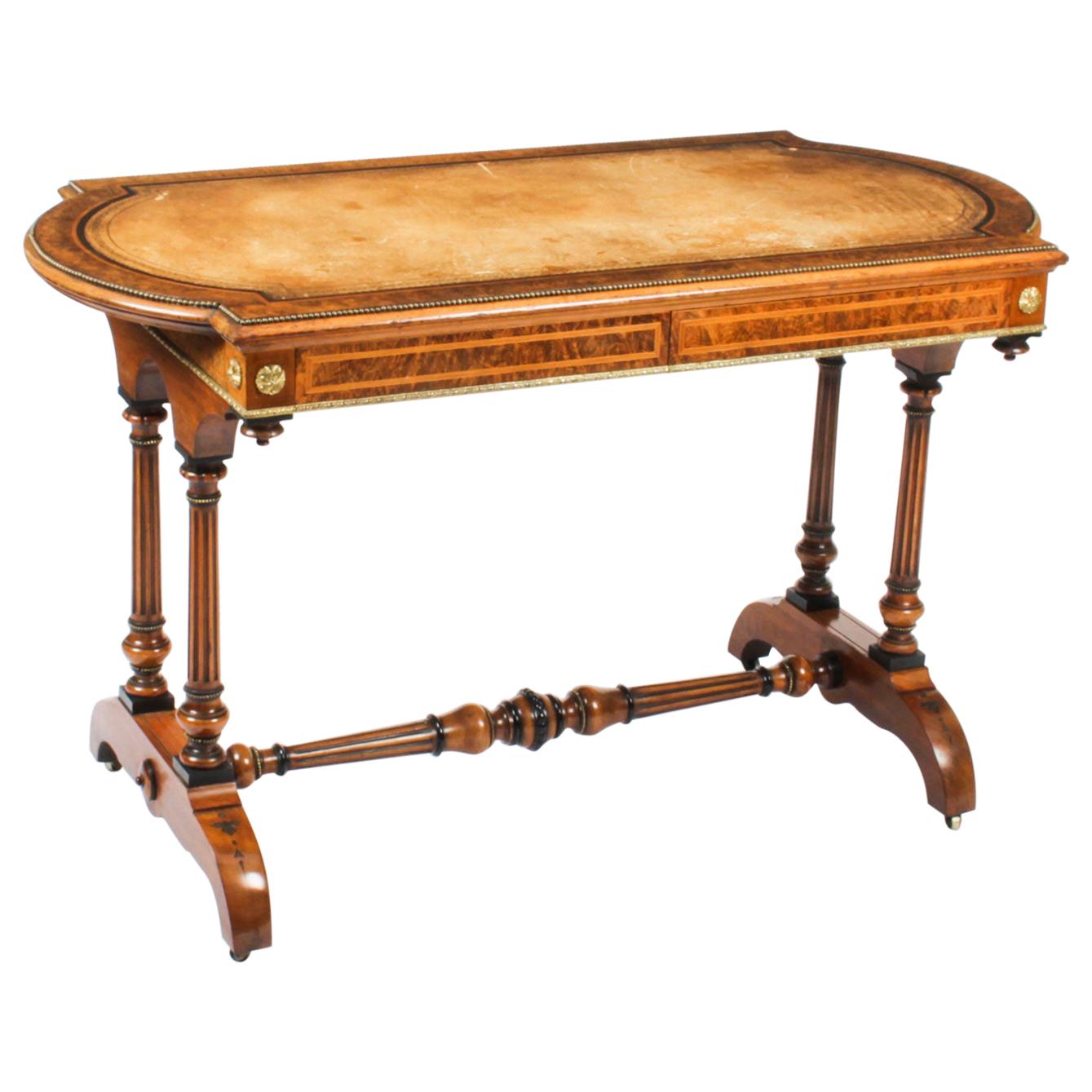 Antique Victorian Burr Walnut Writing Table Desk, 19th C